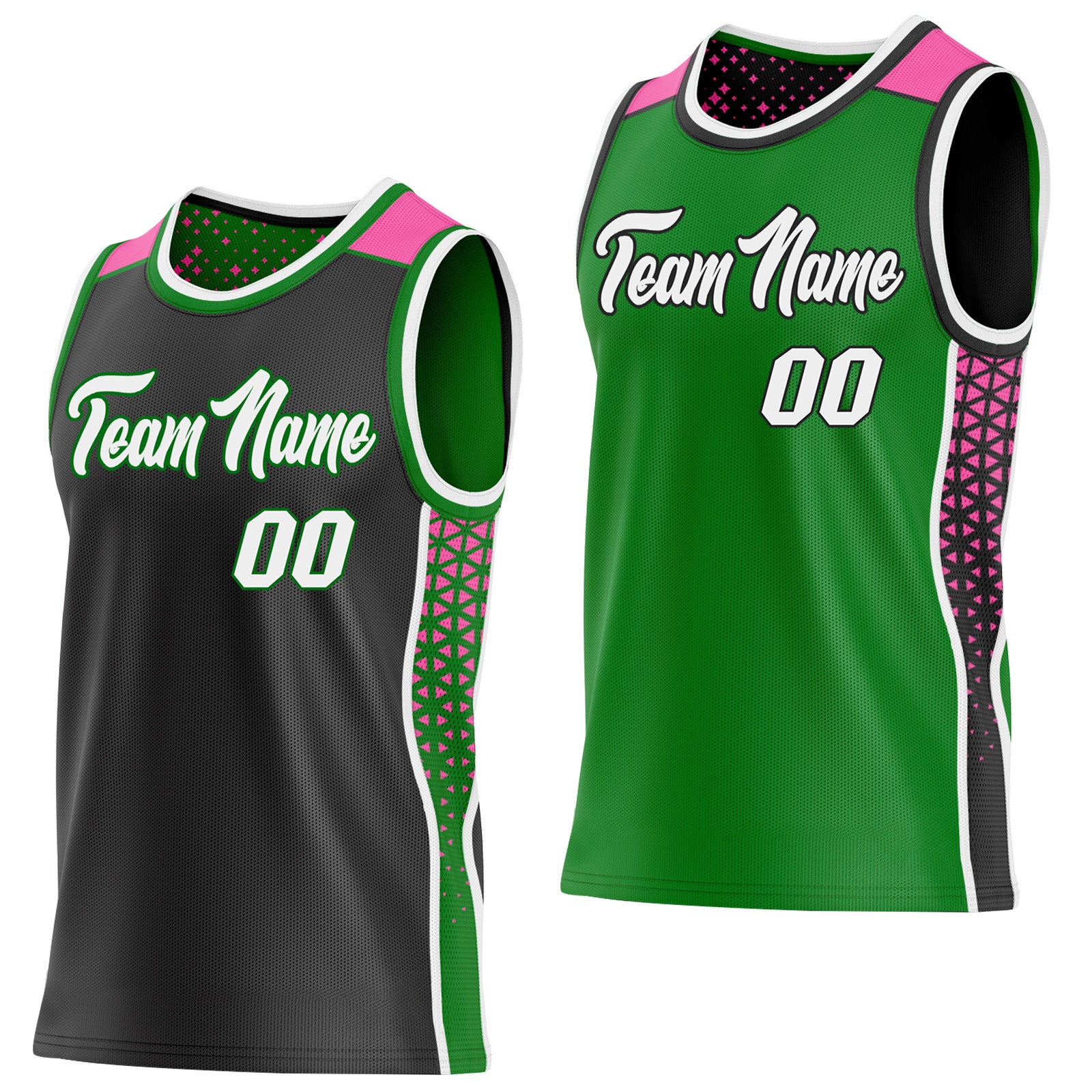 FansIdea Custom Black White Grass Green-Pink Side Panel Stripe Geometric Triangle Gradient Dot Reversible Double Side Sublimation Basketball Set Jersey - $17.99 at Proof Eyewear