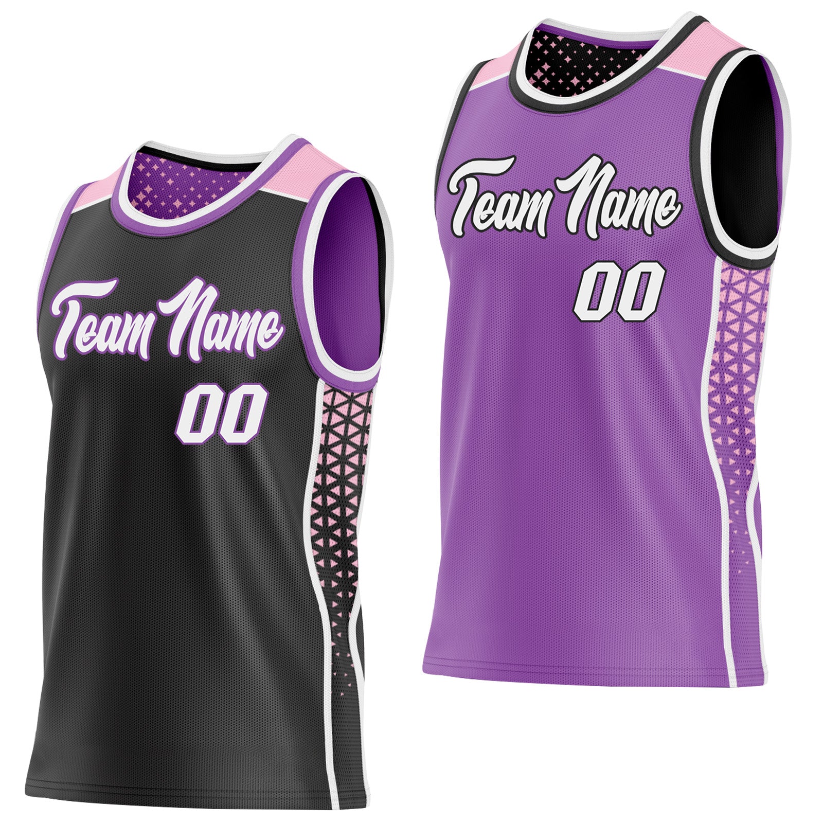 FansIdea Custom Black White Medium Purple-Light Pink Side Panel Stripe Geometric Triangle Gradient Dot Reversible Double Side Sublimation Basketball Set Jersey - $17.99 at Proof Eyewear