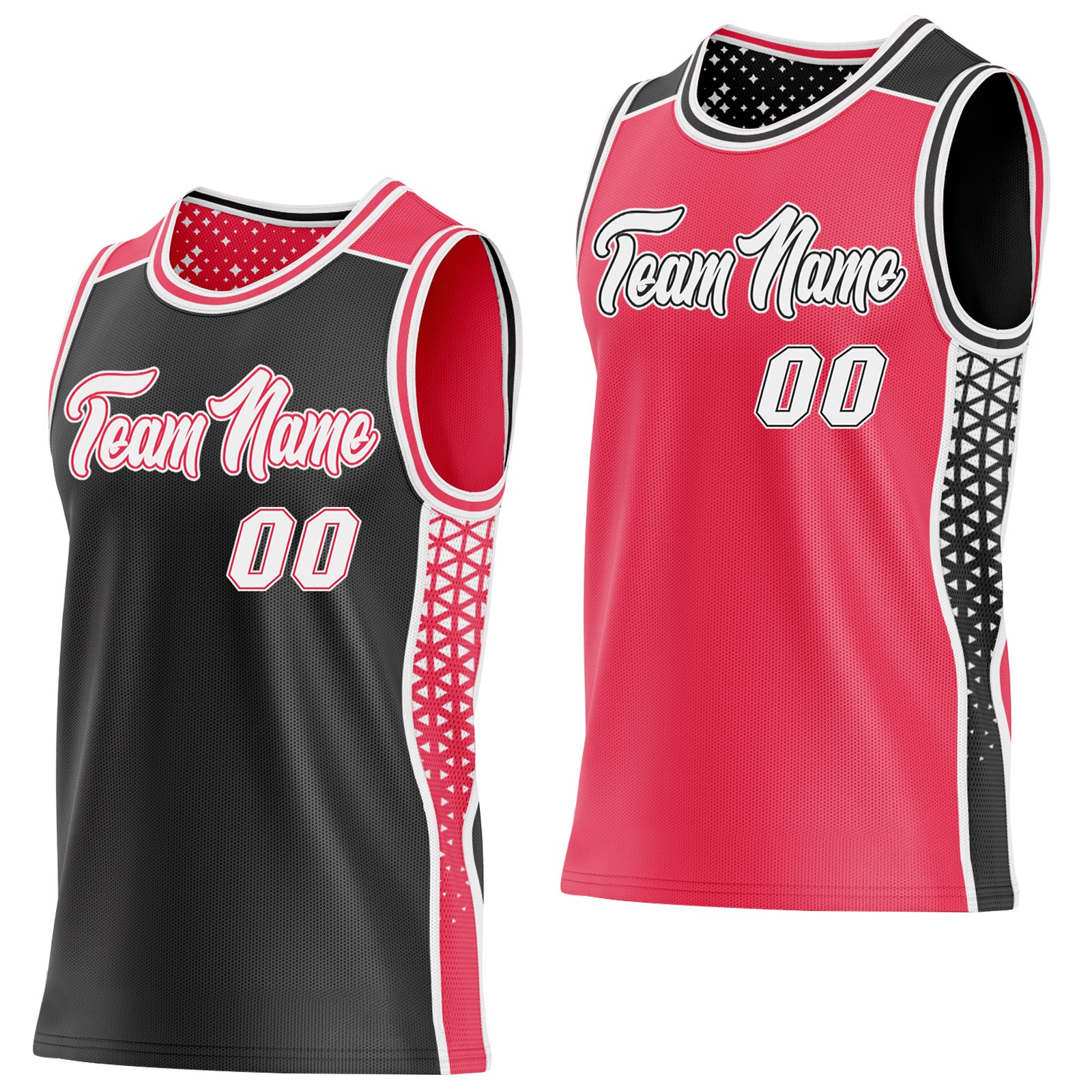 FansIdea Custom Black White-Neon Pink Side Panel Stripe Geometric Triangle Gradient Dot Reversible Double Side Sublimation Basketball Set Jersey - $17.99 at Proof Eyewear