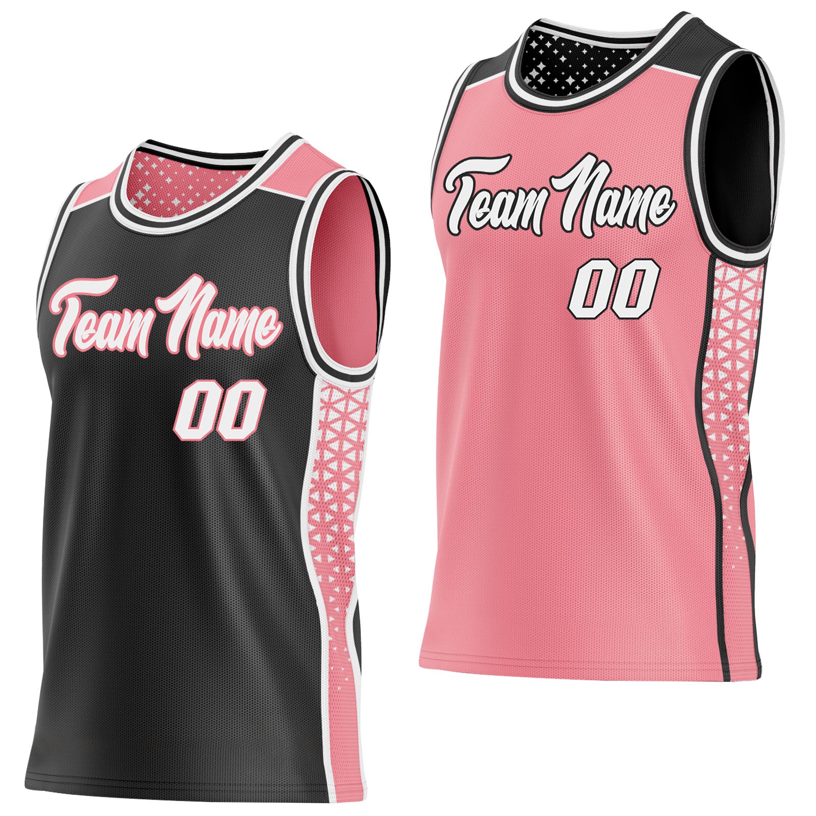 FansIdea Custom Black White-Medium Pink Side Panel Stripe Geometric Triangle Gradient Dot Reversible Double Side Sublimation Basketball Set Jersey - $17.99 at Proof Eyewear