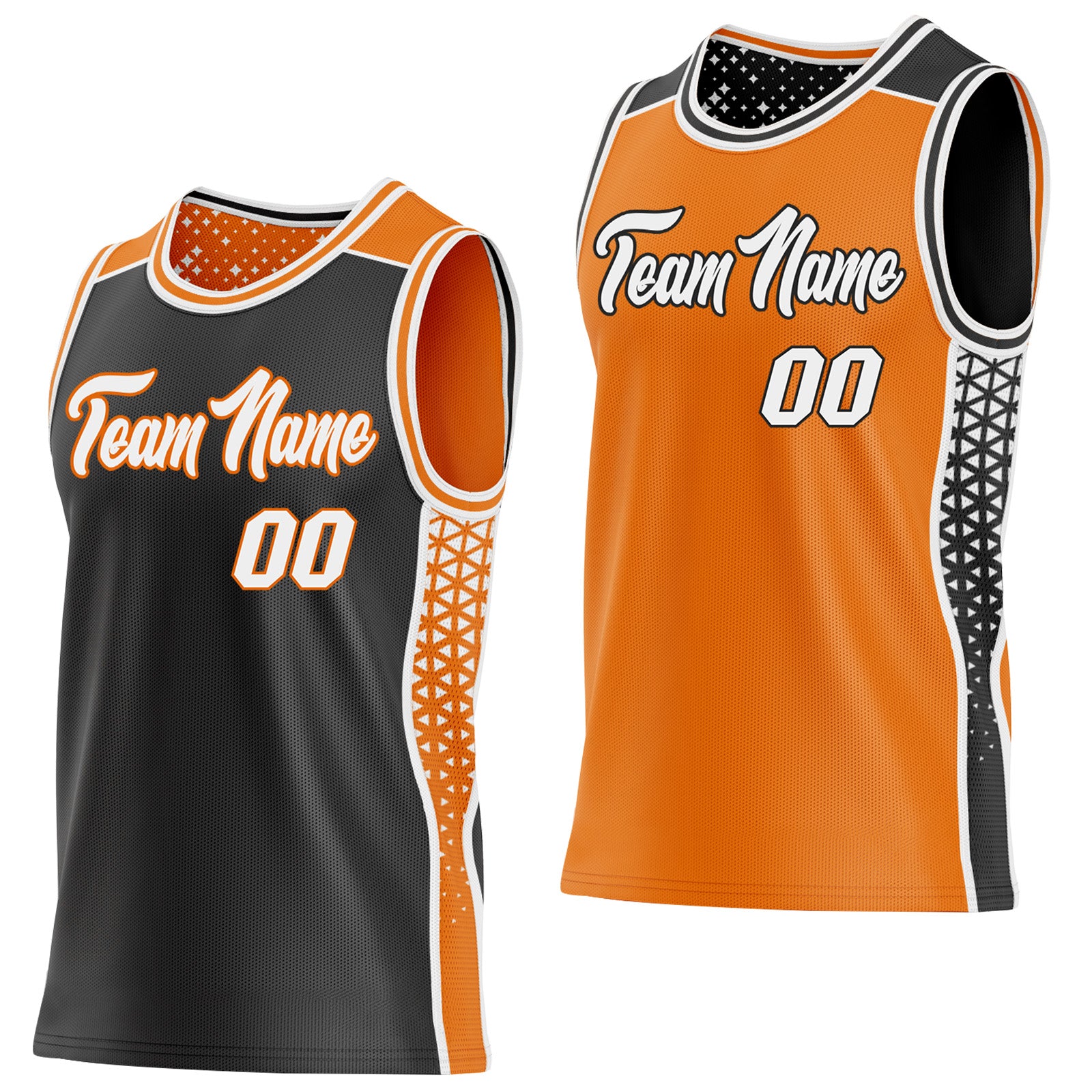 FansIdea Custom Black White-Bay Orange Side Panel Stripe Geometric Triangle Gradient Dot Reversible Double Side Sublimation Basketball Set Jersey - $17.99 at Proof Eyewear