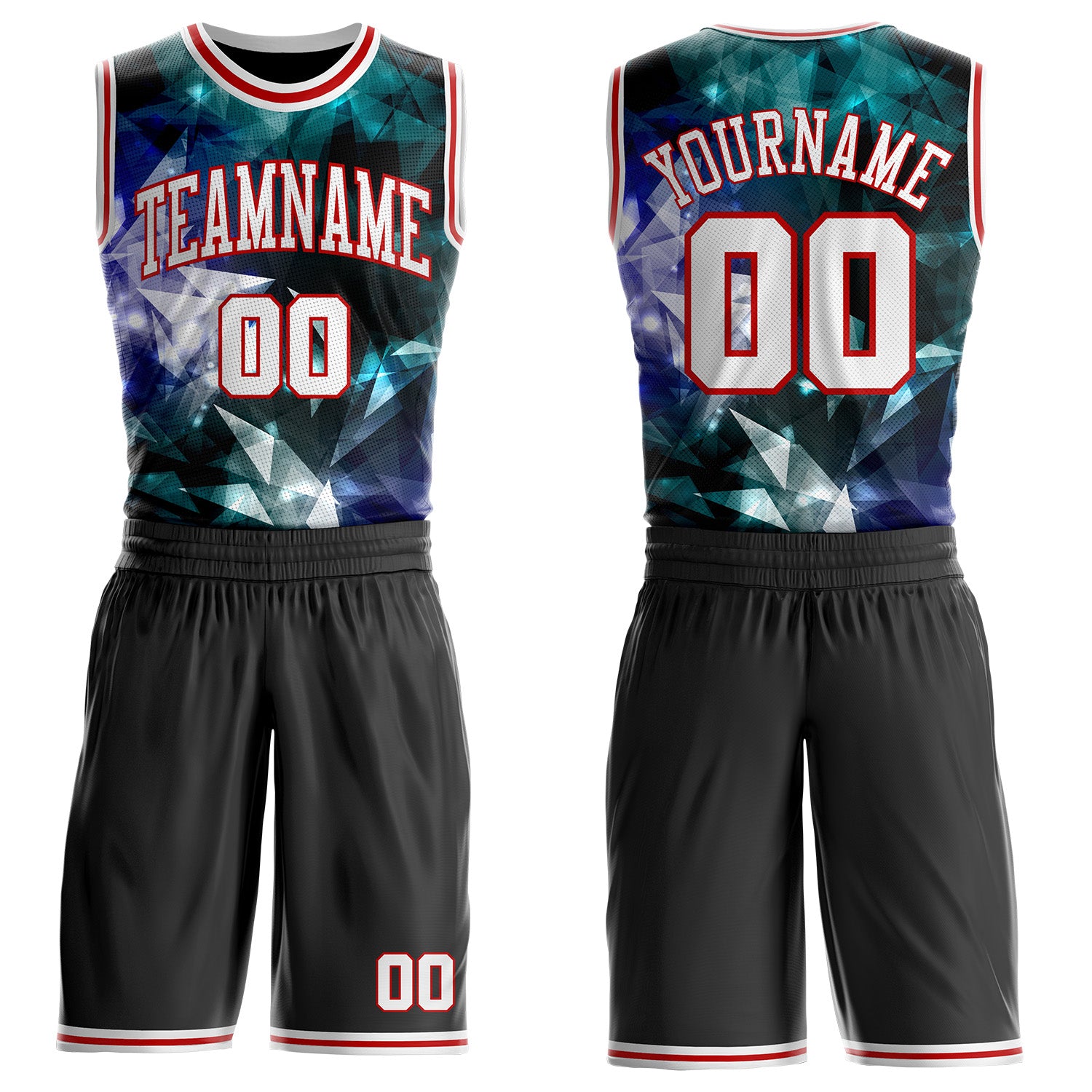 FansIdea Custom Black White-Red Crystal Geometric Round Neck Sublimation Basketball Uniform Jersey - $25.99 at Proof Eyewear