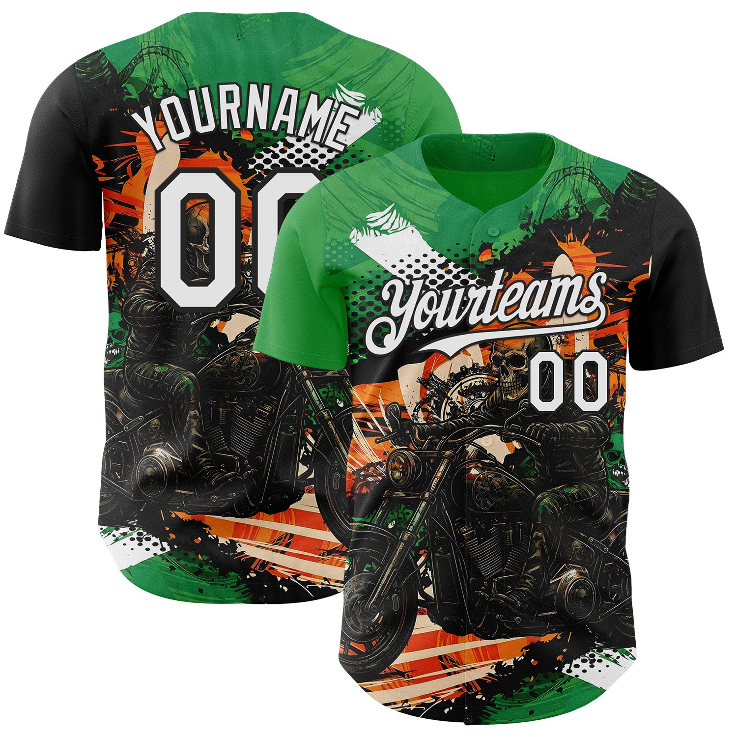 FansIdea Custom Green White Orange Cream-Black 3D Pattern Design Motorcycle Motocross Skull Authentic Baseball Jersey - $29.99 at Proof Eyewear