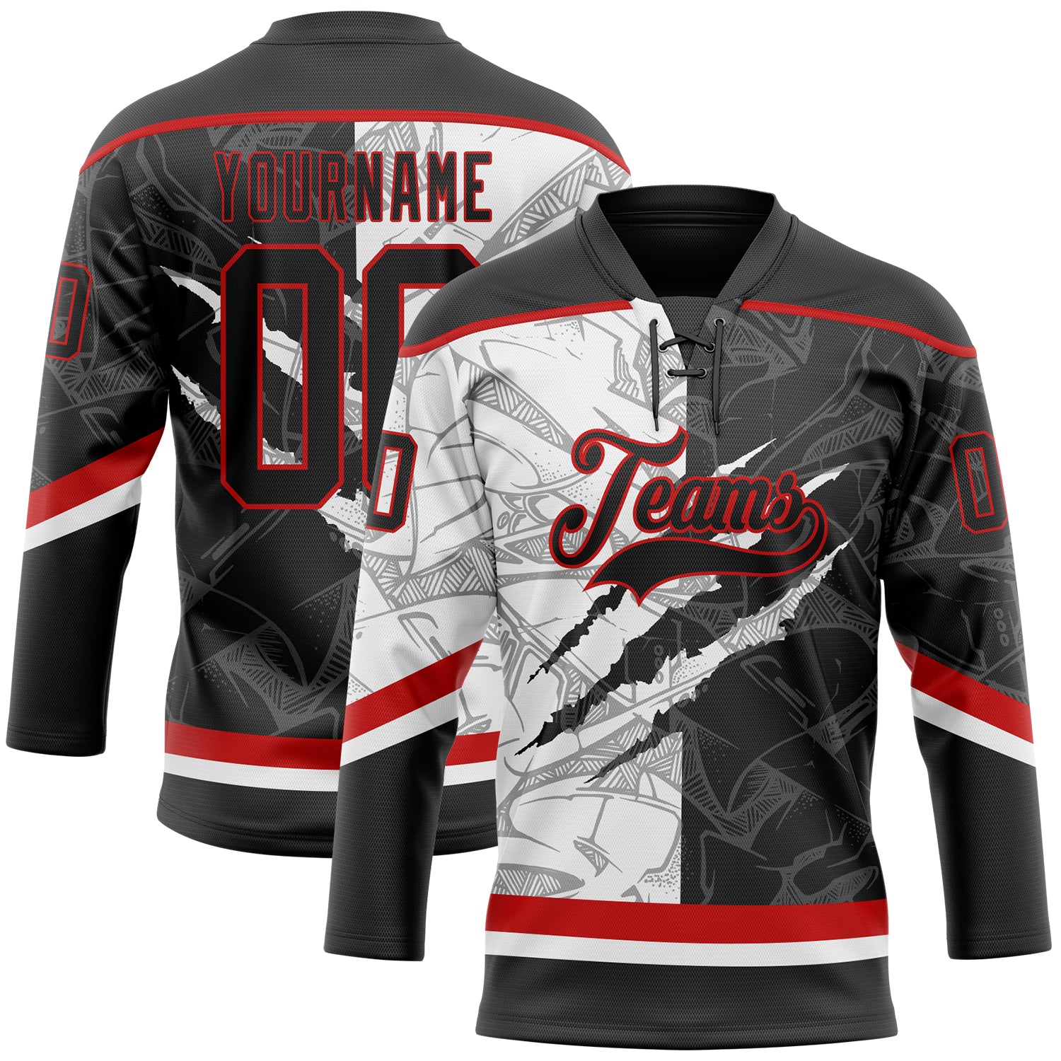 FansIdea Custom Black White-Red 3D Pattern Gradient Fashion Scratch Hockey Lace Neck Jersey - $29.99 at Proof Eyewear
