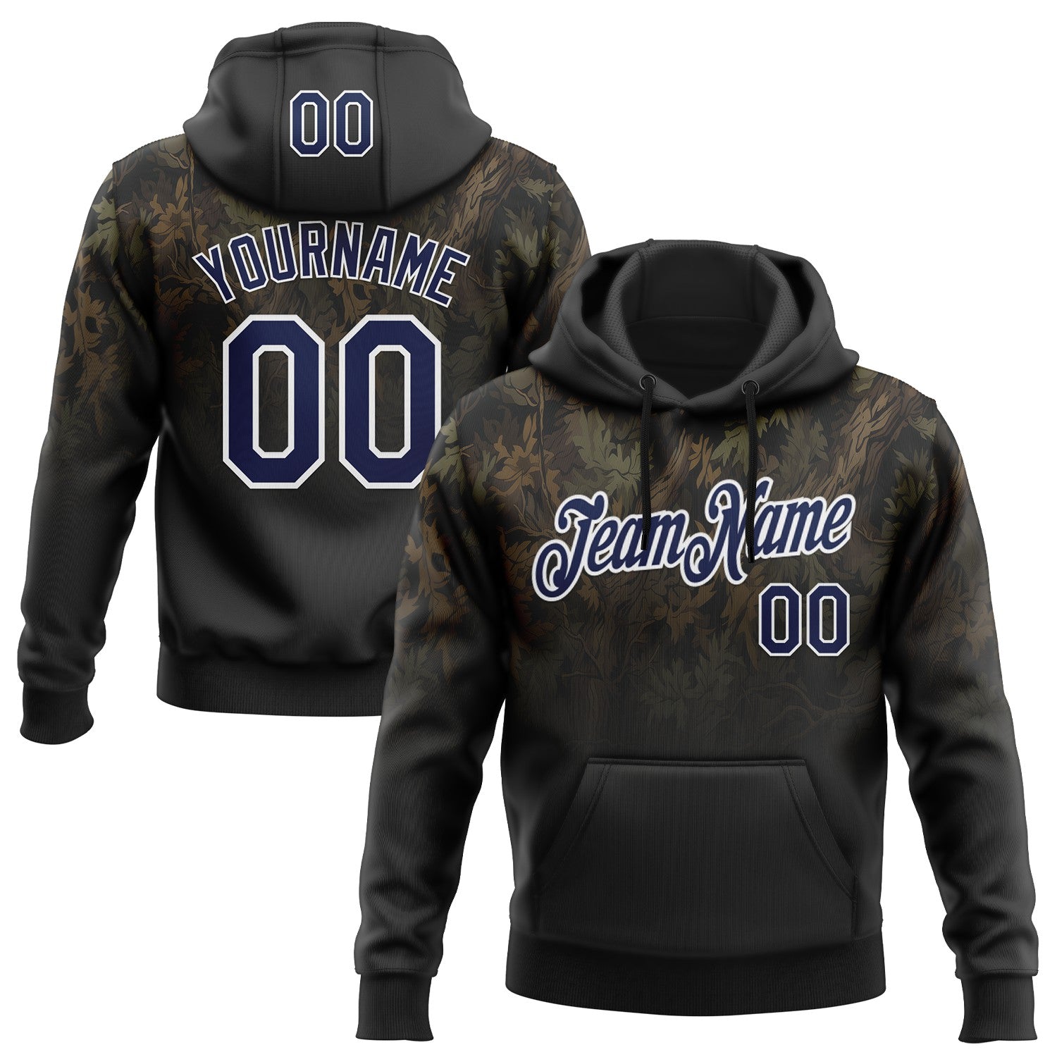 FansIdea Custom Stitched Black Navy-White 3D Pattern Design Tree Camo Hunting Sports Pullover Sweatshirt Hoodie - $32.99 at Proof Eyewear