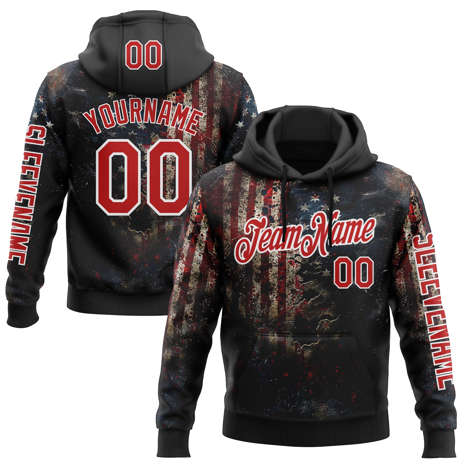 FansIdea Custom Black Red-White 3D American Flag Sports Pullover Sweatshirt Hoodie - $32.99 at Proof Eyewear