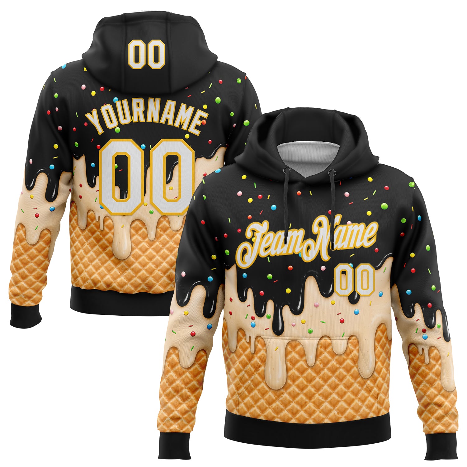 FansIdea Custom Stitched Black White-Gold Ice Cream Waffle Foodie Dessert Pullover Sweatshirt Hoodie - $32.99 at Proof Eyewear