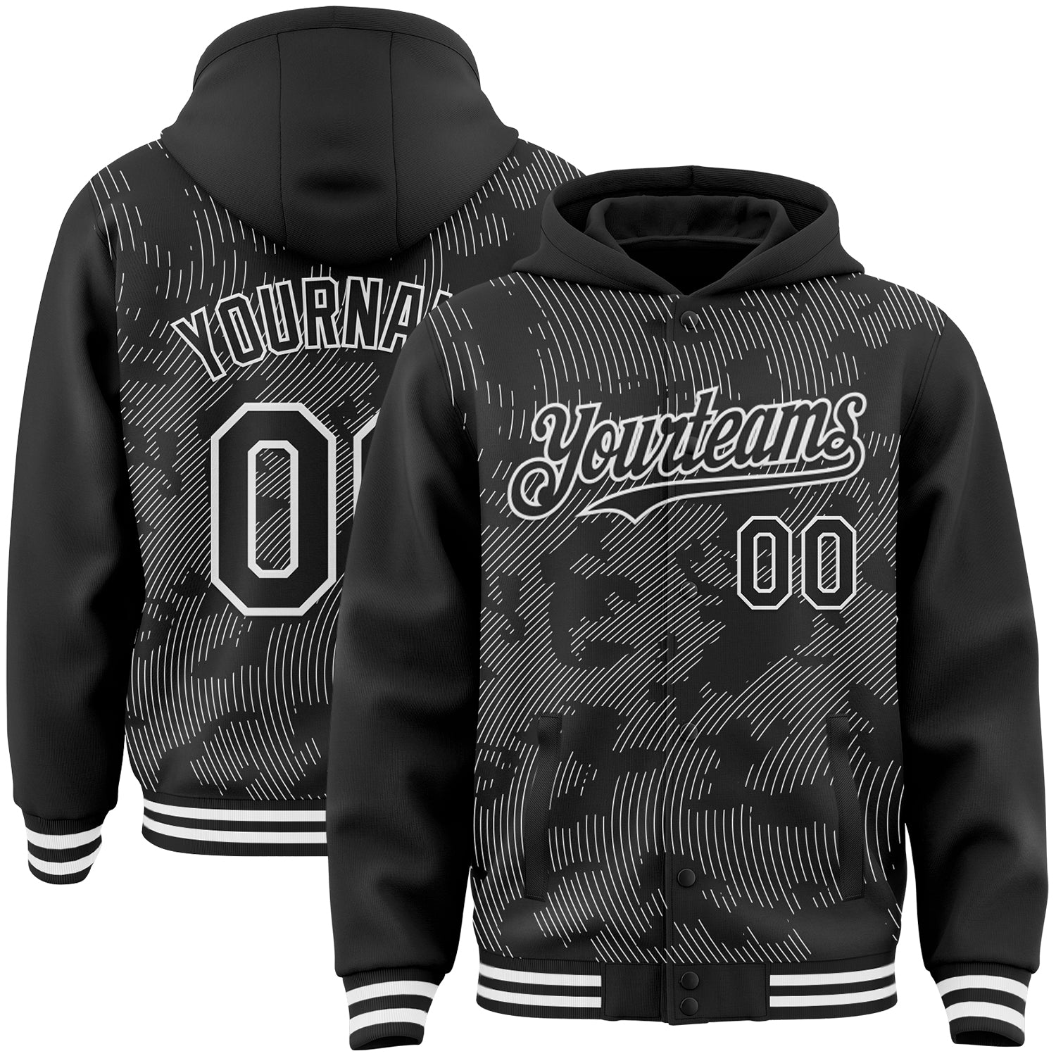 FansIdea Custom Black White Curve Lines Bomber Full-Snap Varsity Letterman Hoodie Jacket - $38.99 at Proof Eyewear