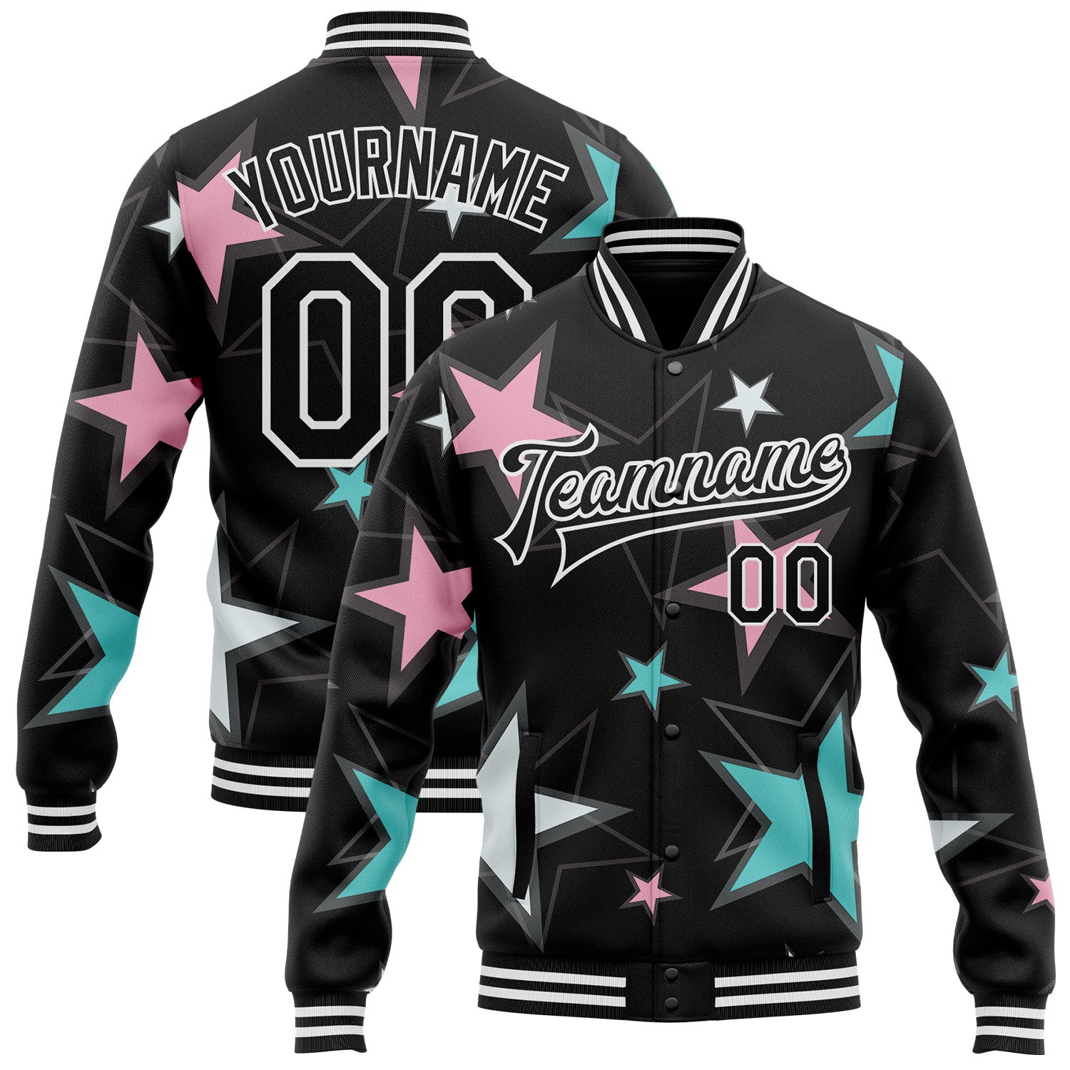 Custom Black White Y2K Stars Bomber Full-Snap Varsity Letterman Jacket