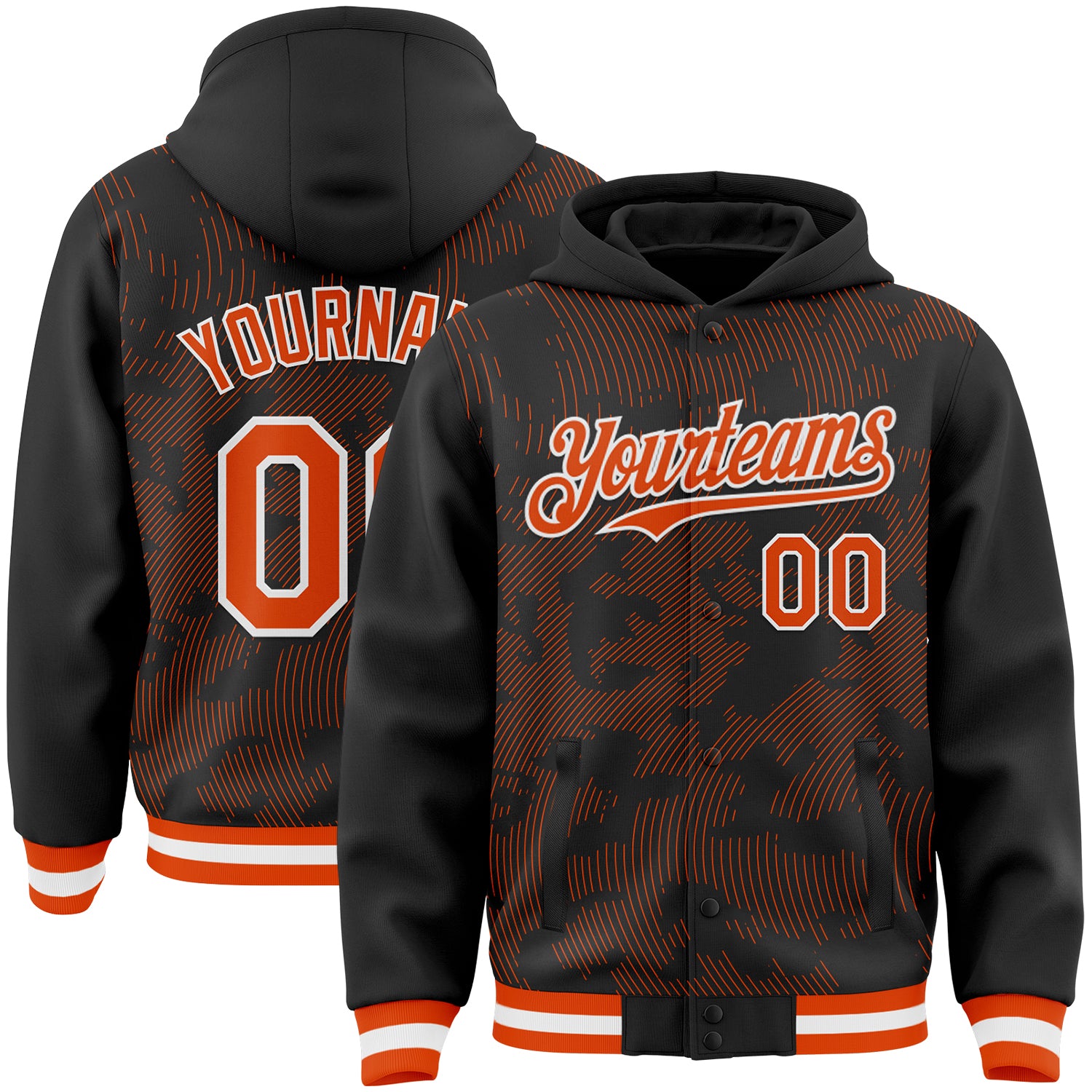 FansIdea Custom Black Orange-White Curve Lines Bomber Full-Snap Varsity Letterman Hoodie Jacket - $38.99 at Proof Eyewear