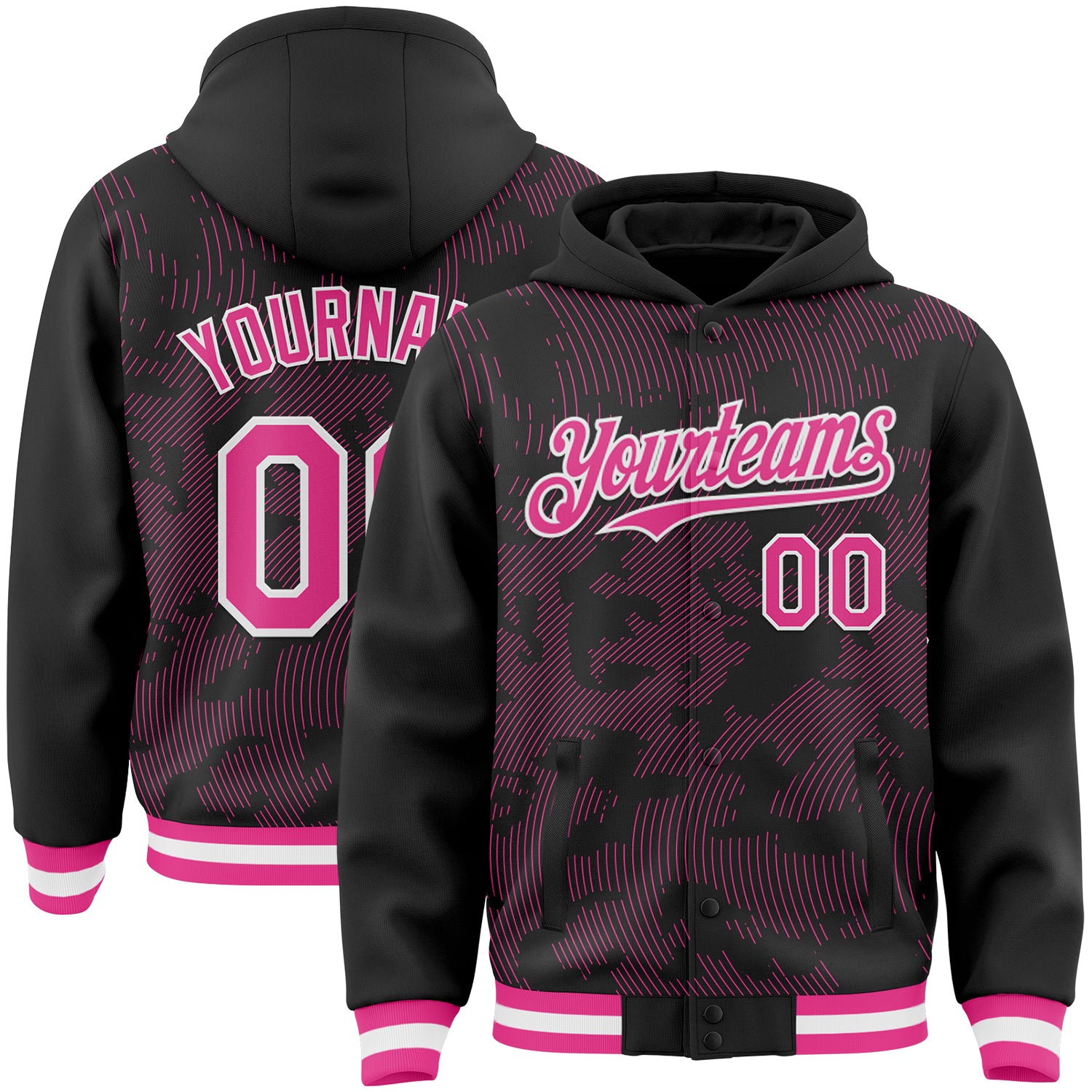FansIdea Custom Black Pink-White Curve Lines Bomber Full-Snap Varsity Letterman Hoodie Jacket - $38.99 at Proof Eyewear