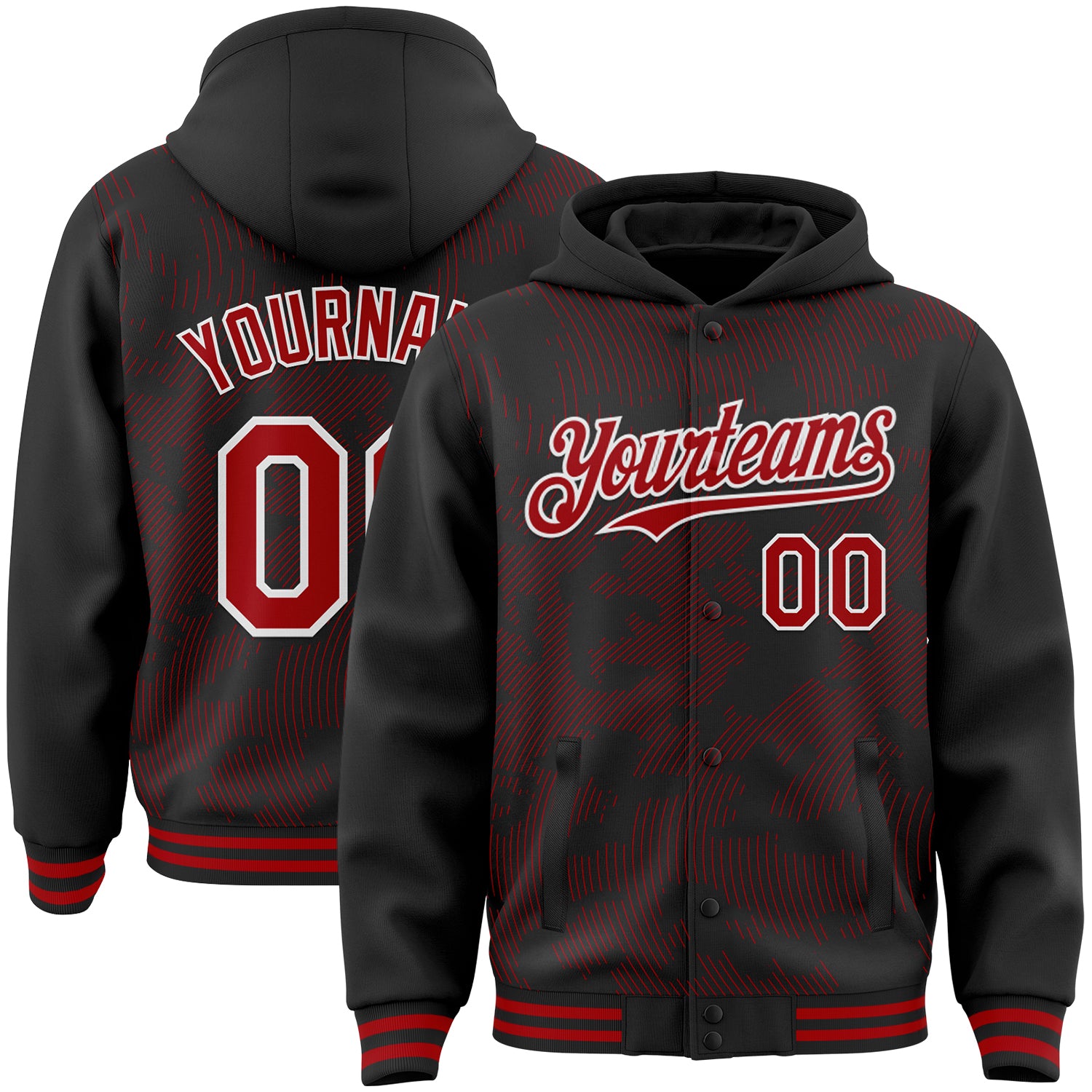 FansIdea Custom Black Red-White Curve Lines Bomber Full-Snap Varsity Letterman Hoodie Jacket - $38.99 at Proof Eyewear
