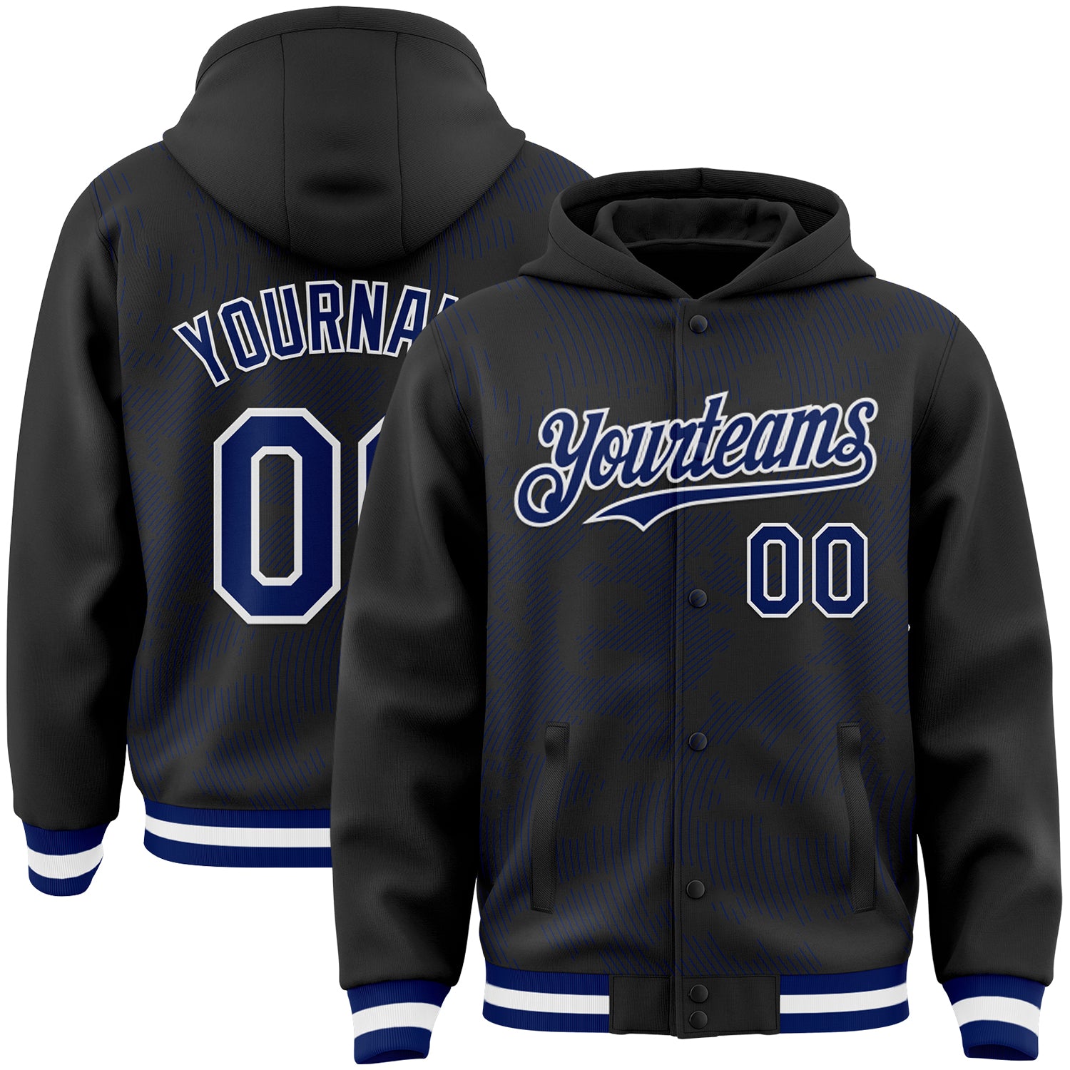 FansIdea Custom Black Royal-White Curve Lines Bomber Full-Snap Varsity Letterman Hoodie Jacket - $38.99 at Proof Eyewear
