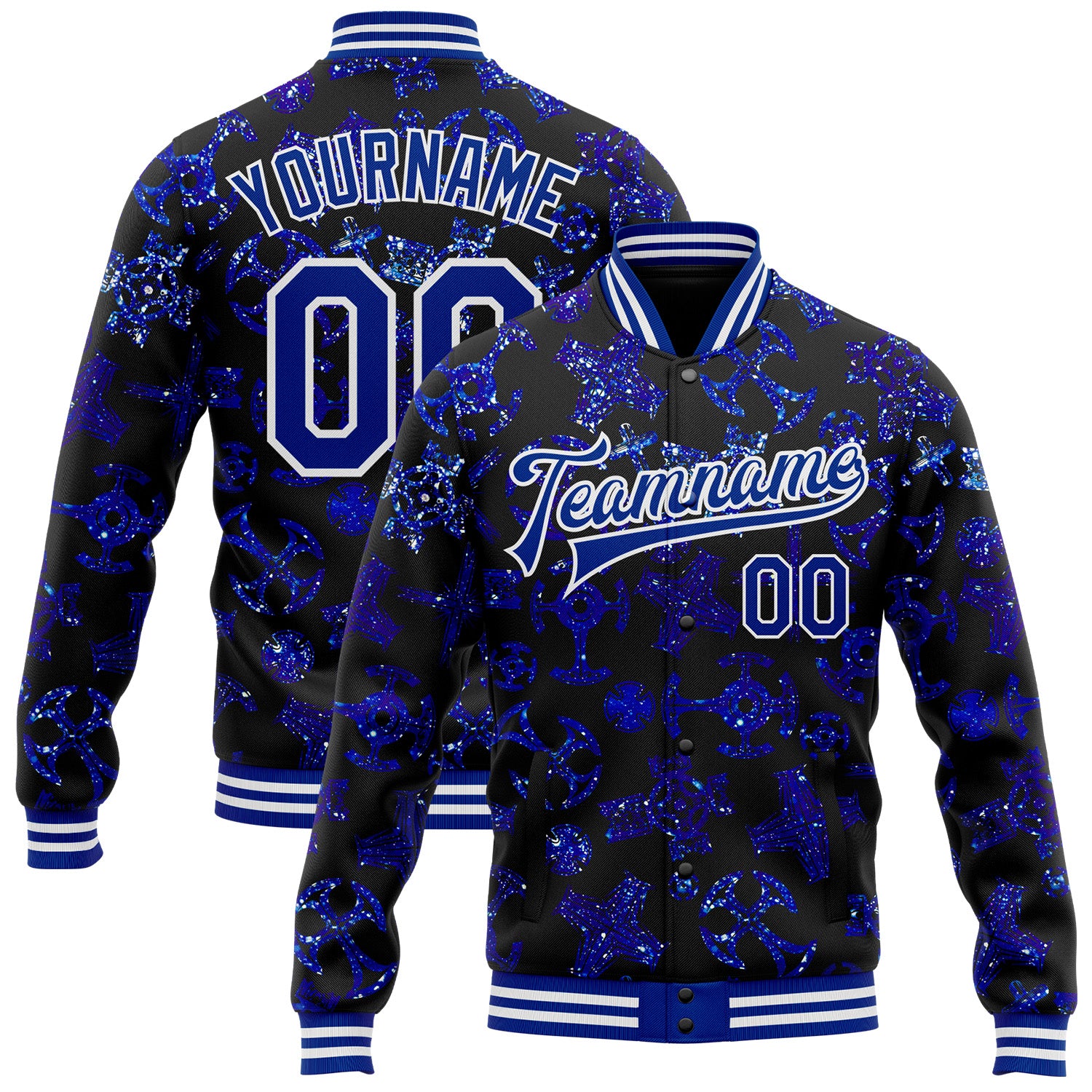 Custom Black Royal-White Gothic Glitter Crosses Bomber Full-Snap Varsity Letterman Jacket