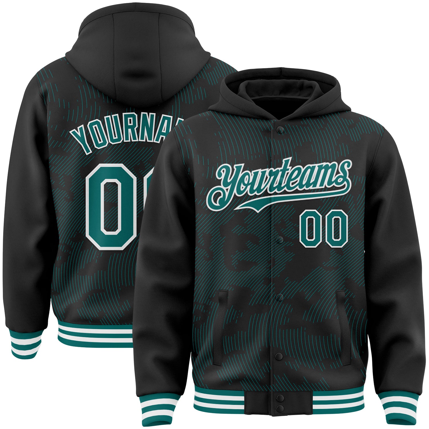 FansIdea Custom Black Teal-White Curve Lines Bomber Full-Snap Varsity Letterman Hoodie Jacket - $38.99 at Proof Eyewear