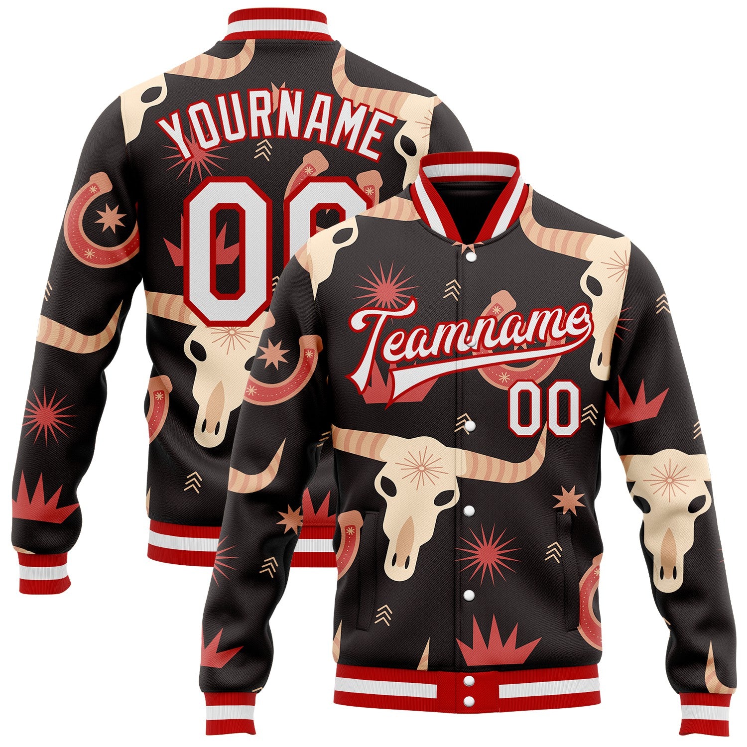 FansIdea Custom Black White-Red Western Cow Skull Horseshoe Bomber Full-Snap Varsity Letterman Jacket - $38.99 at Proof Eyewear