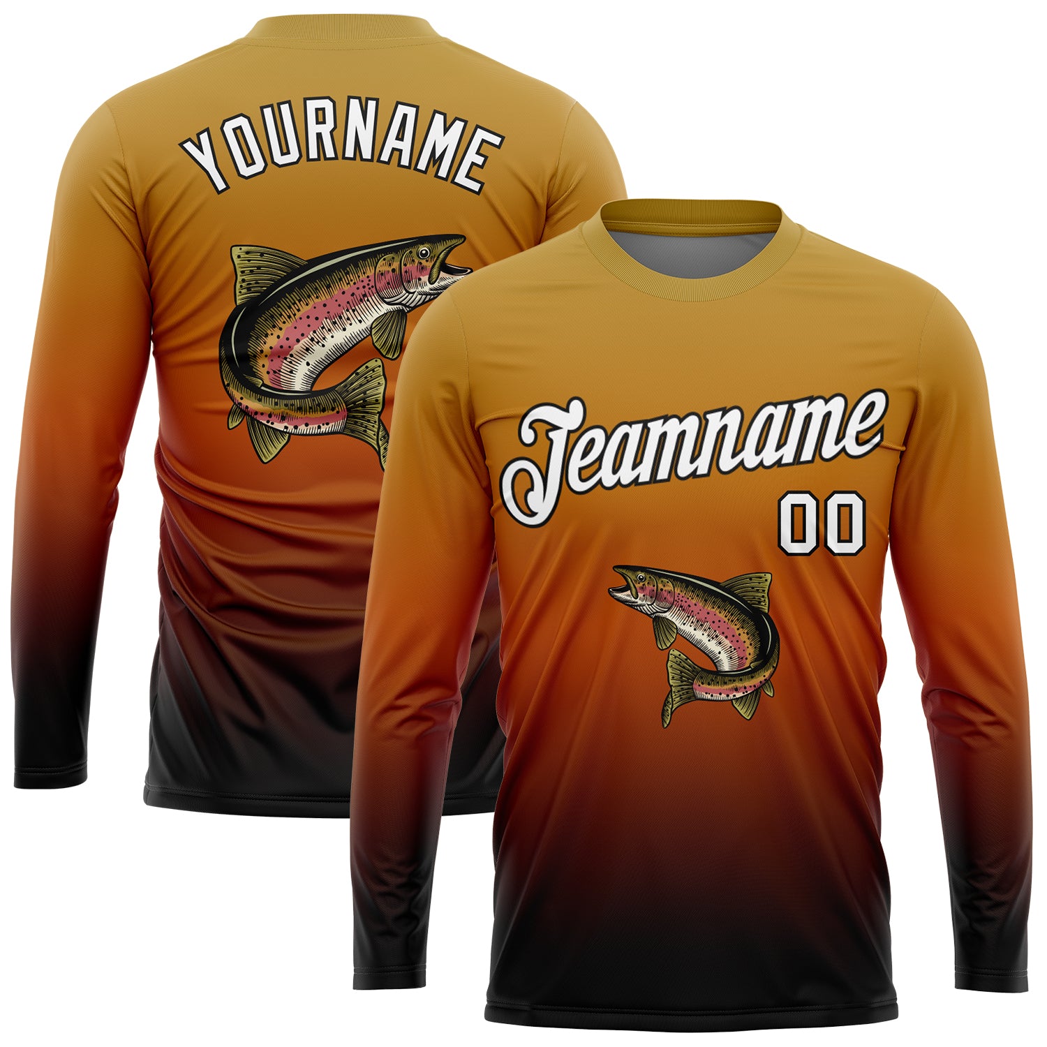 FansIdea Custom Old Gold White Orange-Black Fishing Rainbow Trout Fish Gradient Long Sleeve Performance T-Shirt - $16.99 at Proof Eyewear