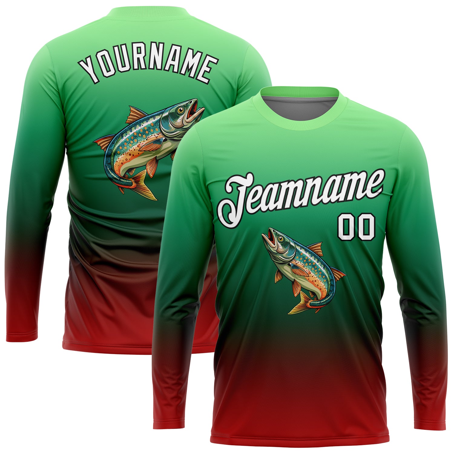 FansIdea Custom Pea Green White Red-Black Fishing Salmon Fish Gradient Long Sleeve Performance T-Shirt - $16.99 at Proof Eyewear