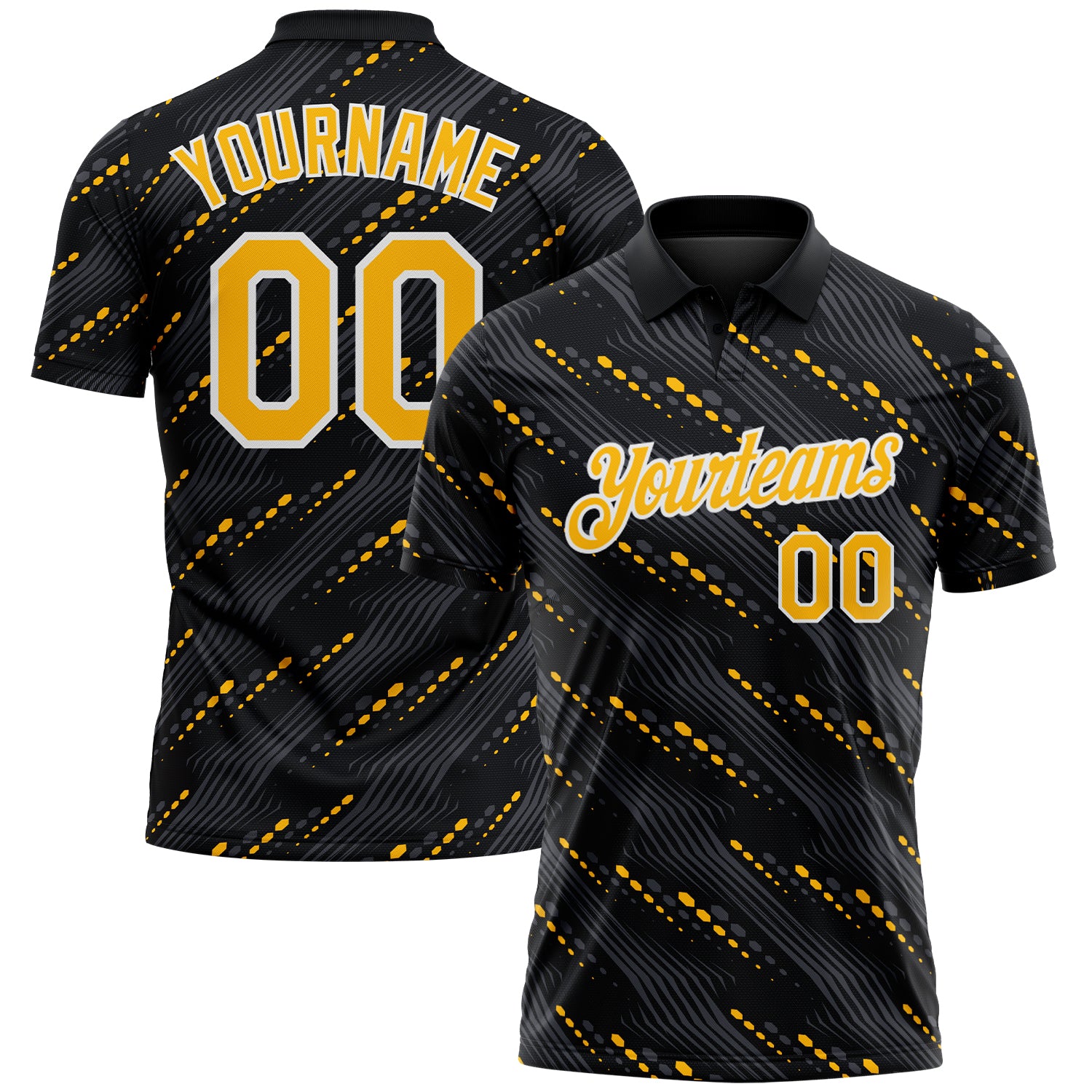 FansIdea Custom Black Gold-White Slant Lines Cyber Mecha Tech Performance Polo Shirt - $19.99 at Proof Eyewear