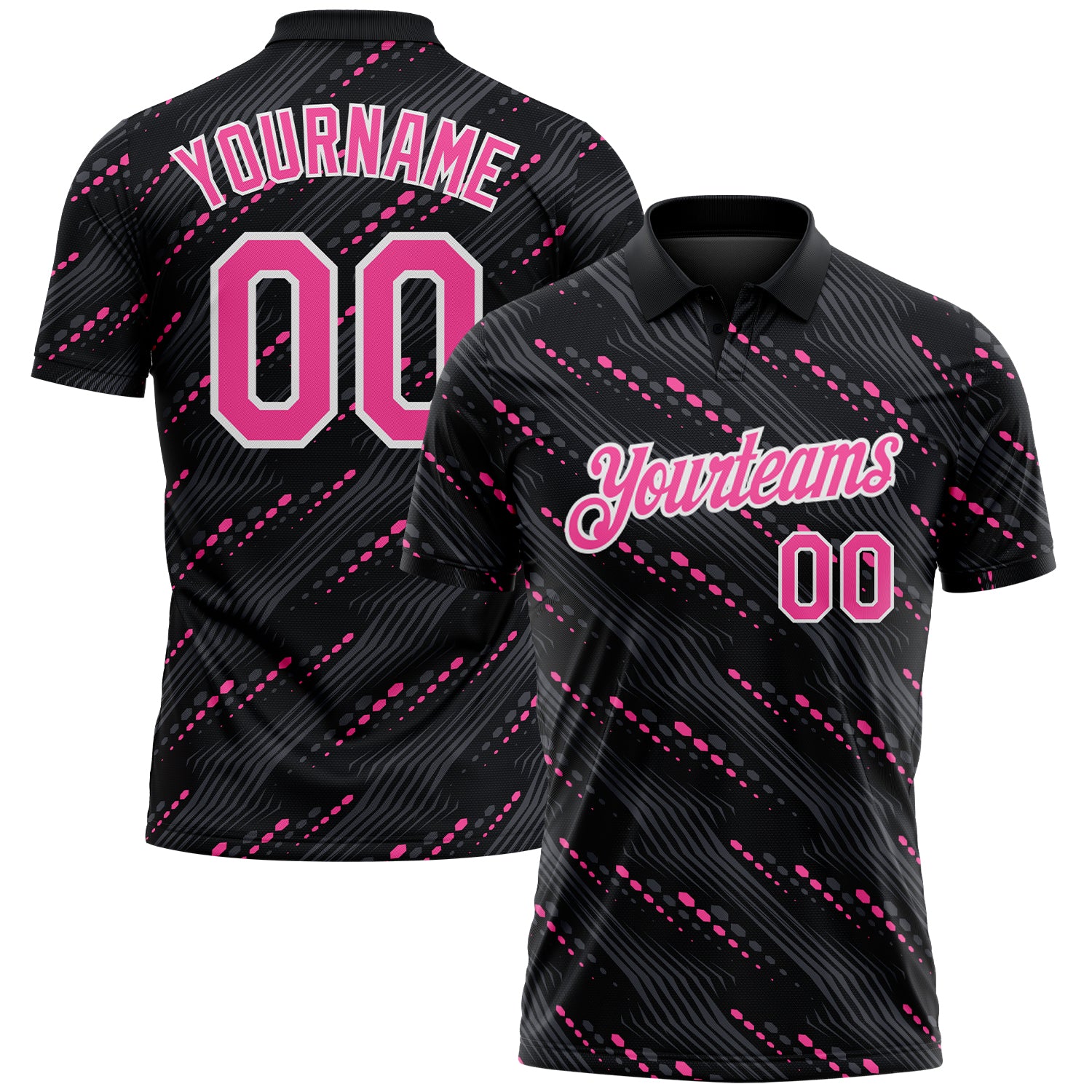 FansIdea Custom Black Pink-White Slant Lines Cyber Mecha Tech Performance Polo Shirt - $19.99 at Proof Eyewear