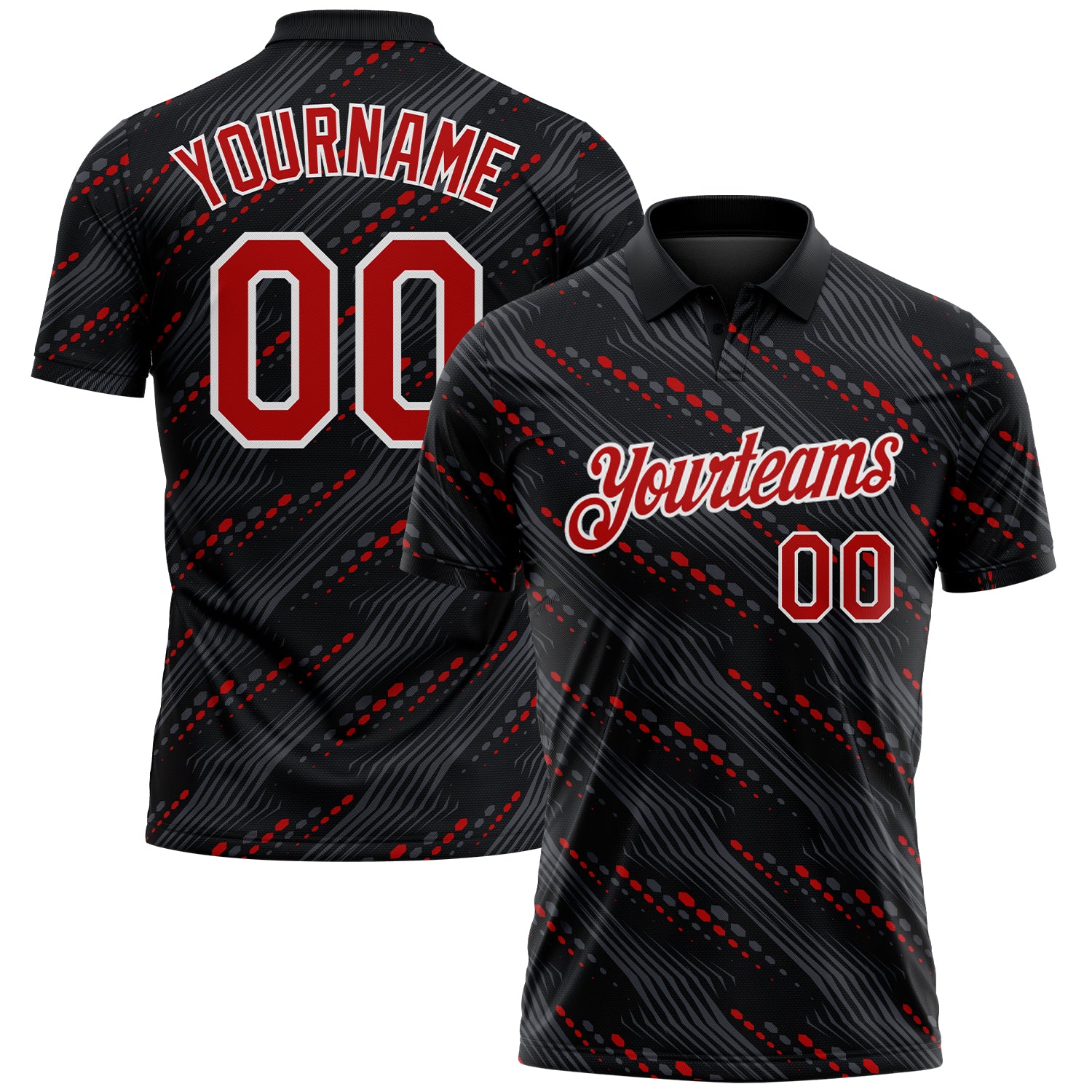 FansIdea Custom Black Red-White Slant Lines Cyber Mecha Tech Performance Polo Shirt - $19.99 at Proof Eyewear
