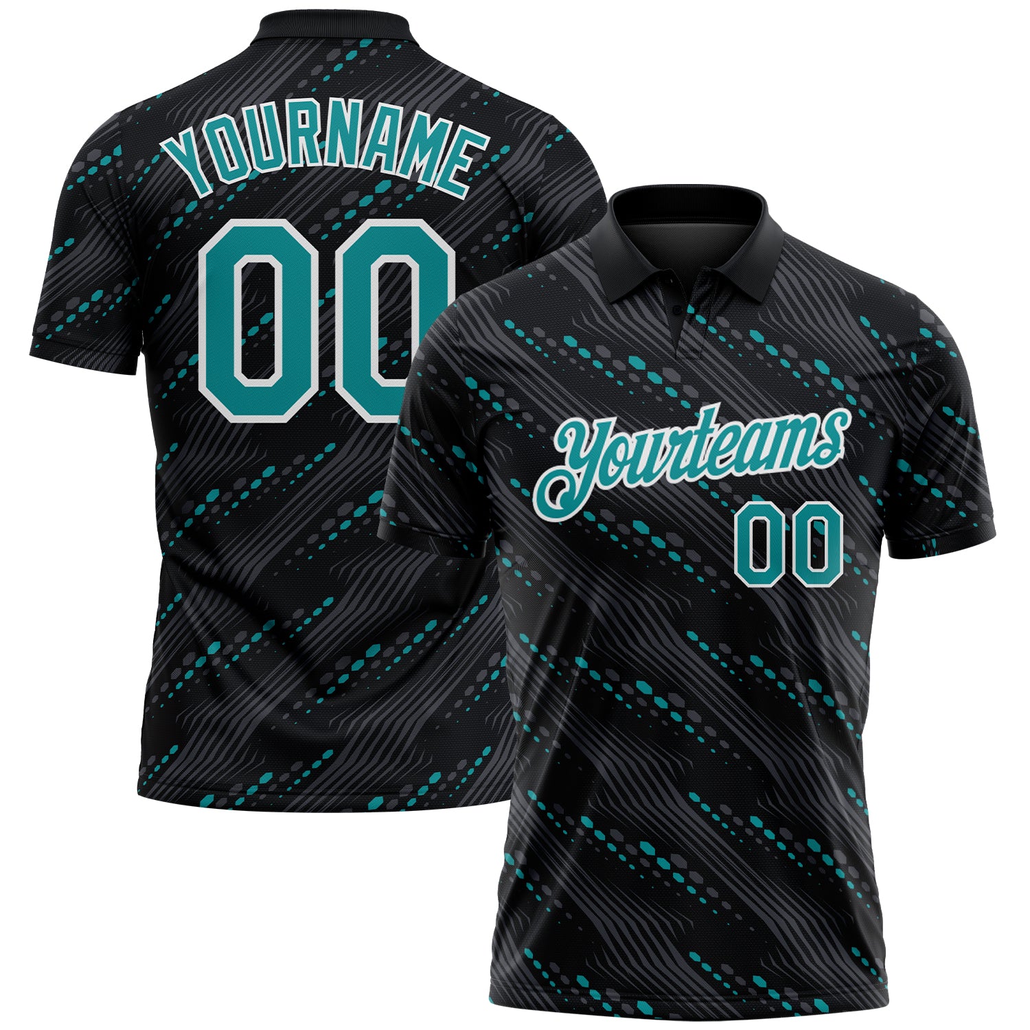 FansIdea Custom Black Teal-White Slant Lines Cyber Mecha Tech Performance Polo Shirt - $19.99 at Proof Eyewear