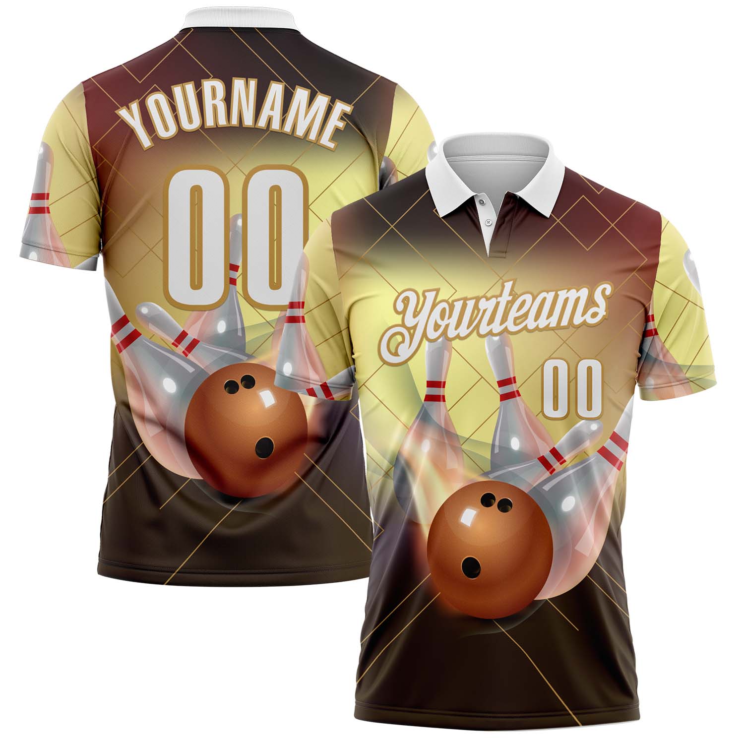 FansIdea Custom Black White-Old Gold Bowling Strike Geometric Performance Polo Shirt - $19.99 at Proof Eyewear