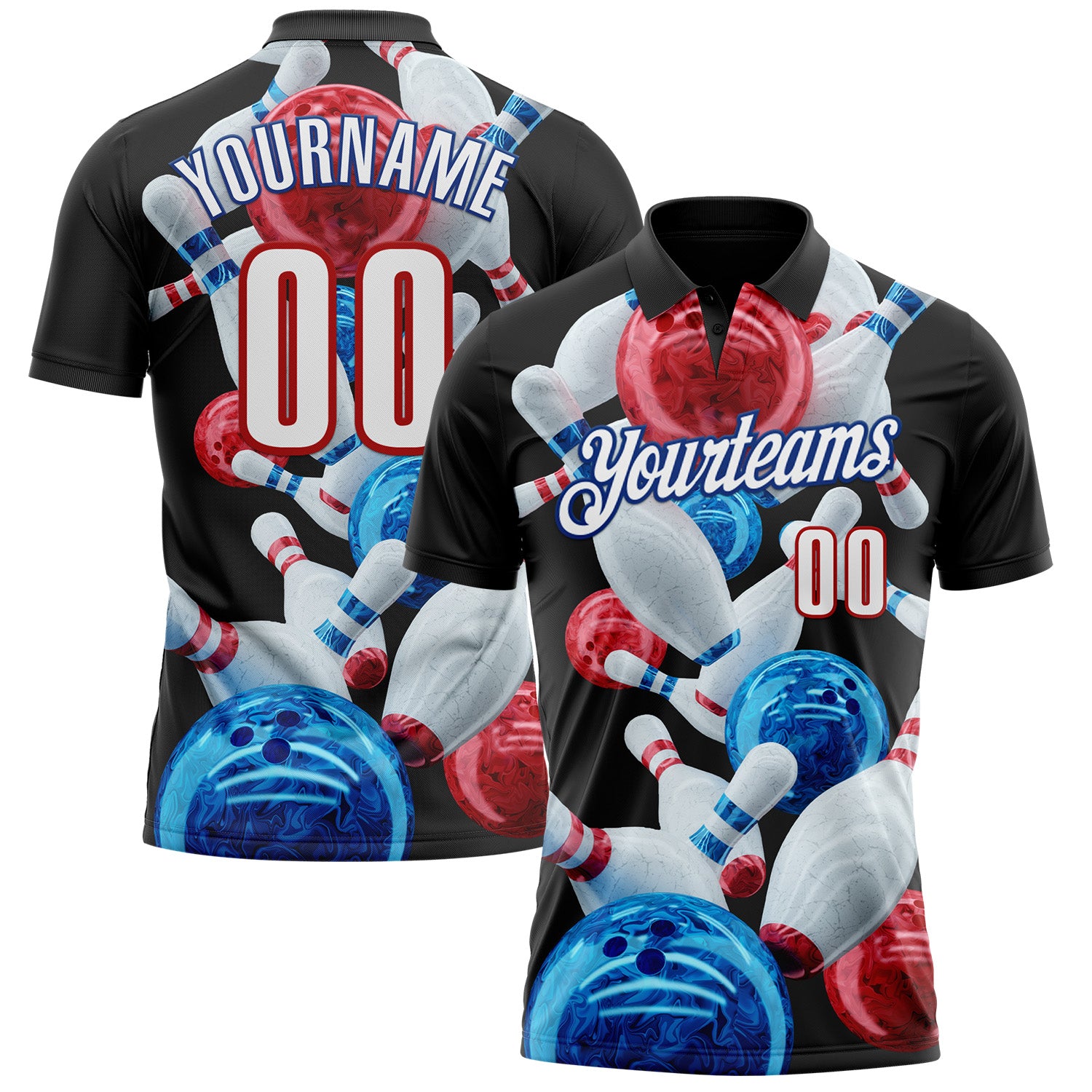 FansIdea Custom Black White Red-Royal Bowling Ball And Pins Strike Performance Polo Shirt - $19.99 at Proof Eyewear