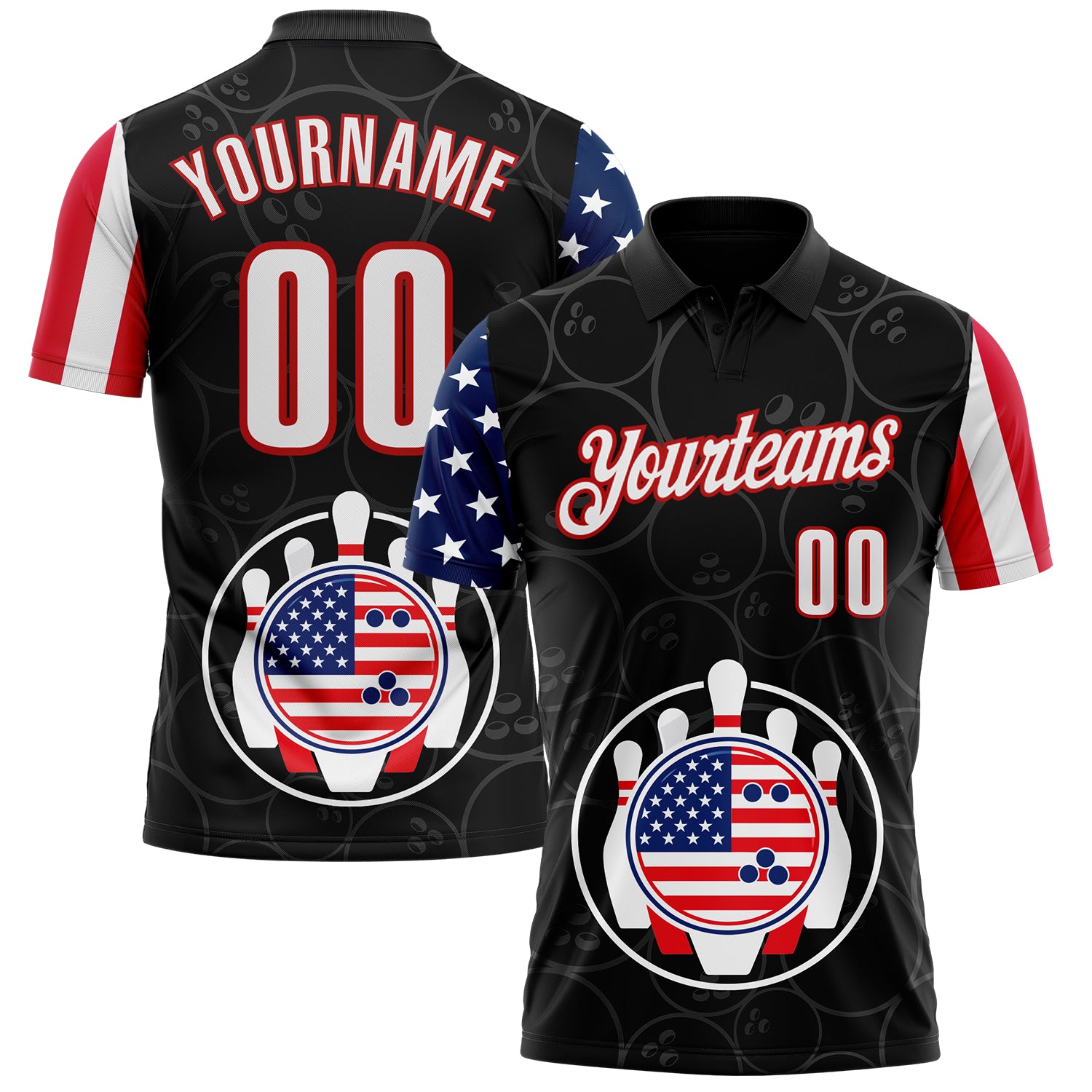 FansIdea Custom Black White Royal-Red Patriotic American Flag Bowling Ball And Pins Performance Polo Shirt - $19.99 at Proof Eyewear