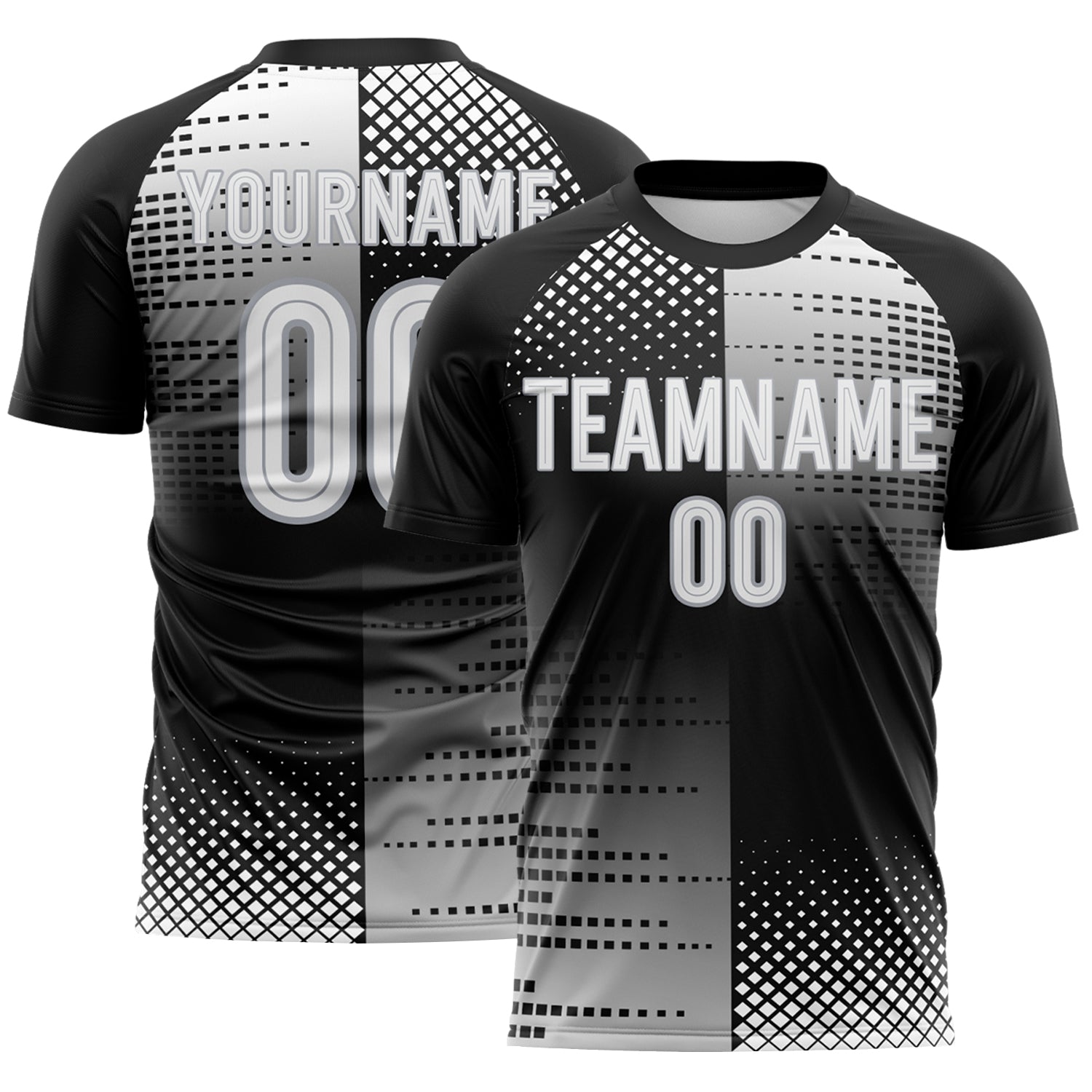 FansIdea Custom Black White-Gray Split Geometric Grid Sublimation Soccer Uniform Jersey - $16.99 at Proof Eyewear