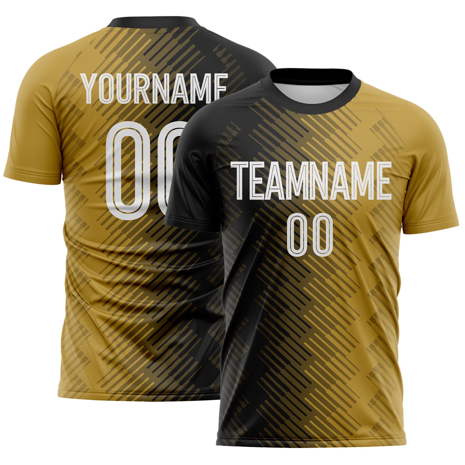 FansIdea Custom Black White-Old Gold Diagonal Geometric Line Sublimation Soccer Uniform Jersey - $16.99 at Proof Eyewear