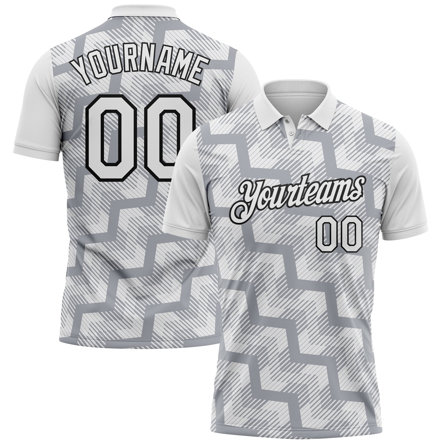 FansIdea Custom White Gray-Black Geometric Block Diagonal Line Hatching Performance Polo Shirt - $19.99 at Proof Eyewear