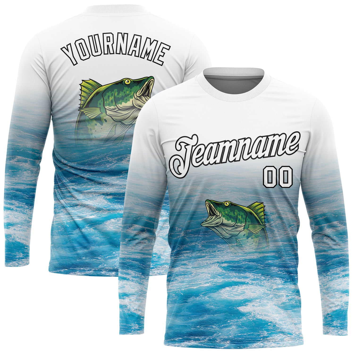 FansIdea Custom White Blue-Black Fishing Bass Fish Long Sleeve Performance T-Shirt - $16.99 at Proof Eyewear