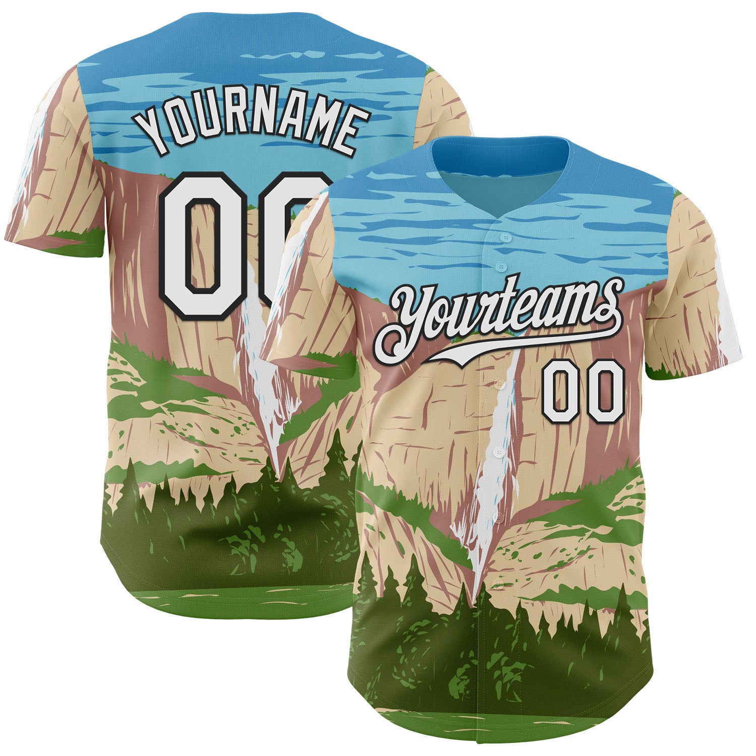 Fansidea-artist-collabs Custom Blue White City Cream Green-Black Aloysius Patrimonio Yosemite Falls In Yosemite National Park WPA Authentic Baseball Jersey - $34.99 at Proof Eyewear