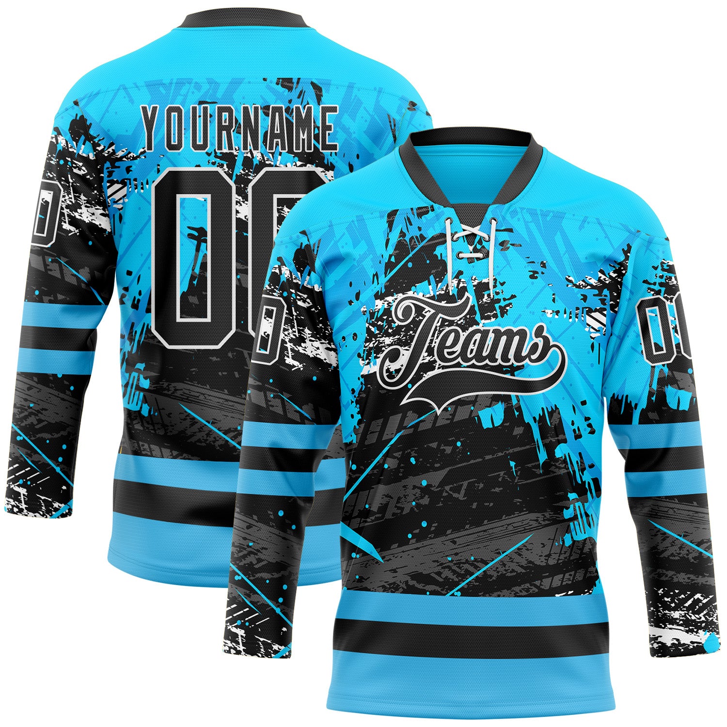 FansIdea Custom Blue Black-White Abstract Splatter Paint Grunge Hockey Lace Neck Jersey - $29.99 at Proof Eyewear