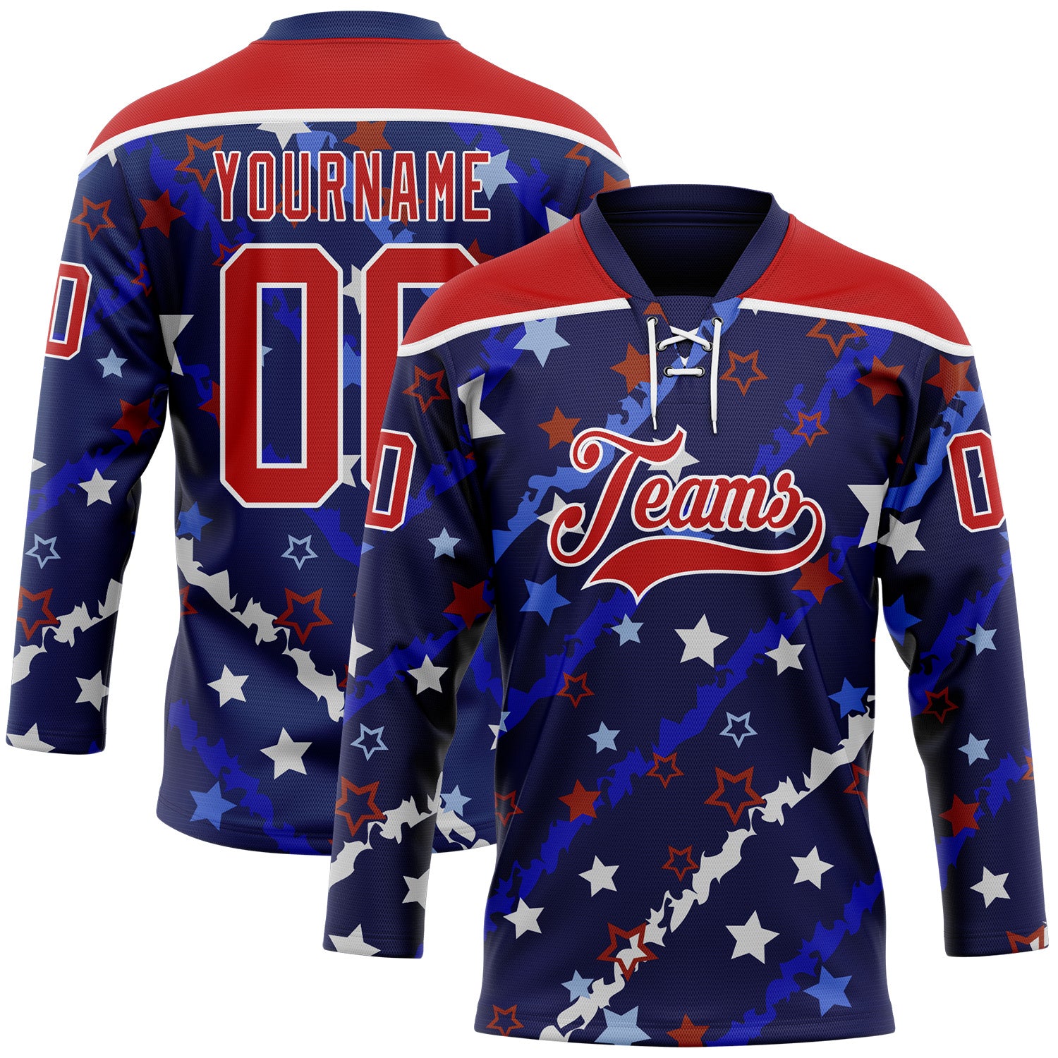 FansIdea Custom Blue Red-White American Flag Hockey Lace Neck Jersey - $29.99 at Proof Eyewear