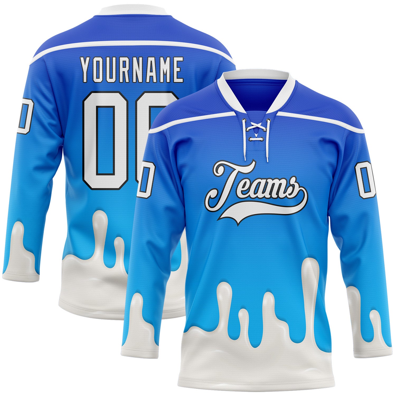 FansIdea Custom Blue White-Black Melting Foodie Yogurt Lace Neck Hockey Jersey - $29.99 at Proof Eyewear