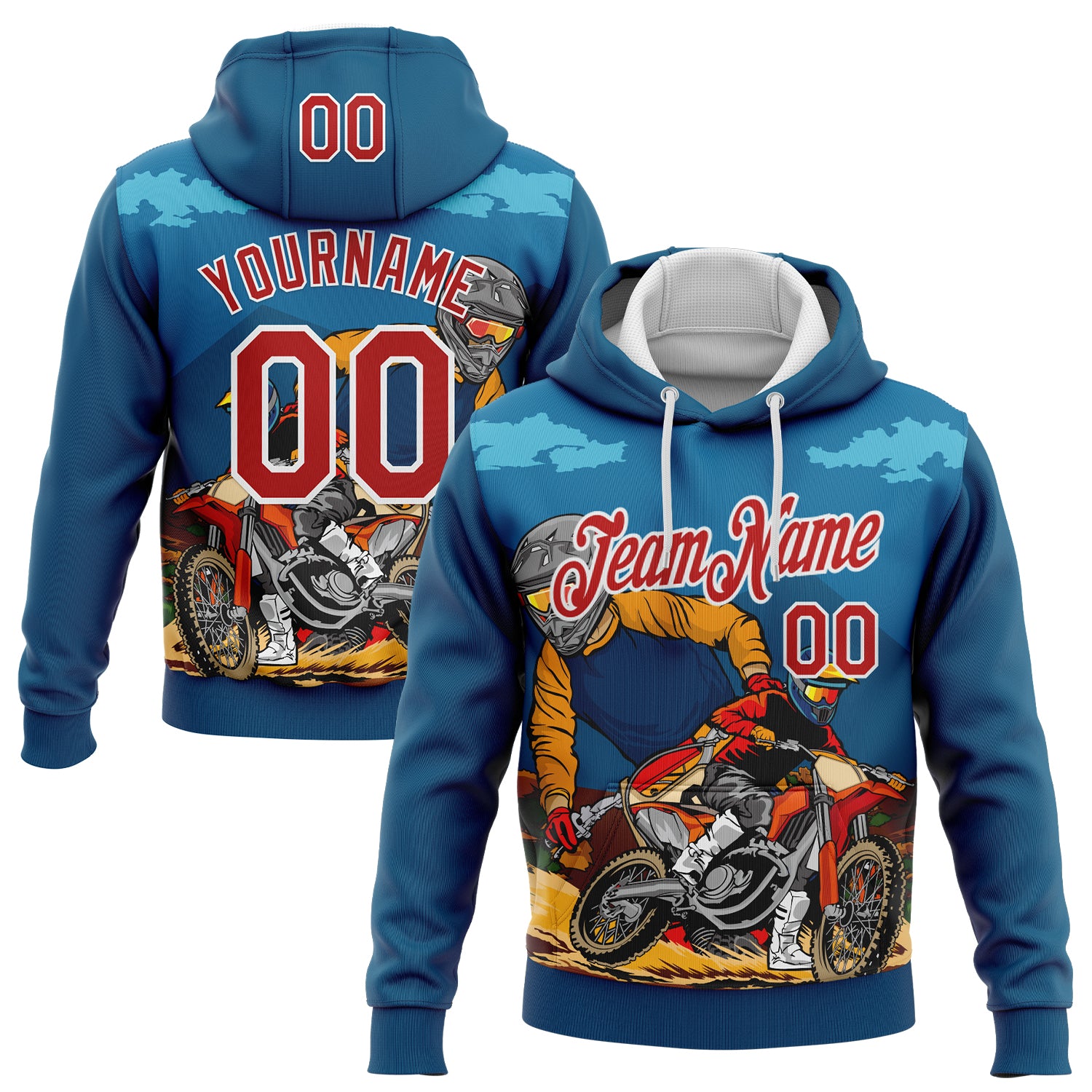 FansIdea Custom Stitched Blue Red-White 3D Pattern Design Motorcycle Motocross Racing Sports Pullover Sweatshirt Hoodie - $32.99 at Proof Eyewear
