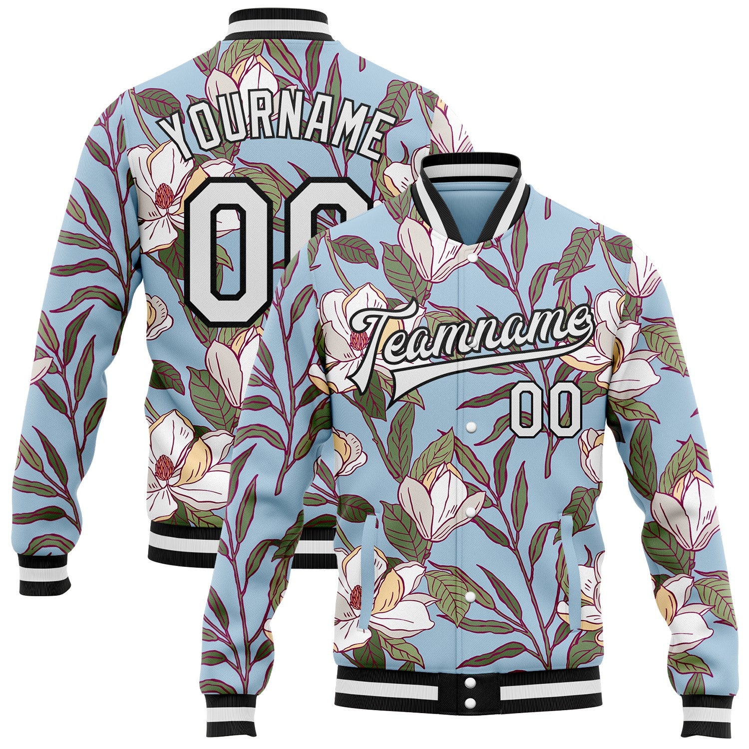 FansIdea Custom Blue White-Black Louisiana State Flower Magnolia Bomber Full-Snap Varsity Letterman Jacket - $38.99 at Proof Eyewear