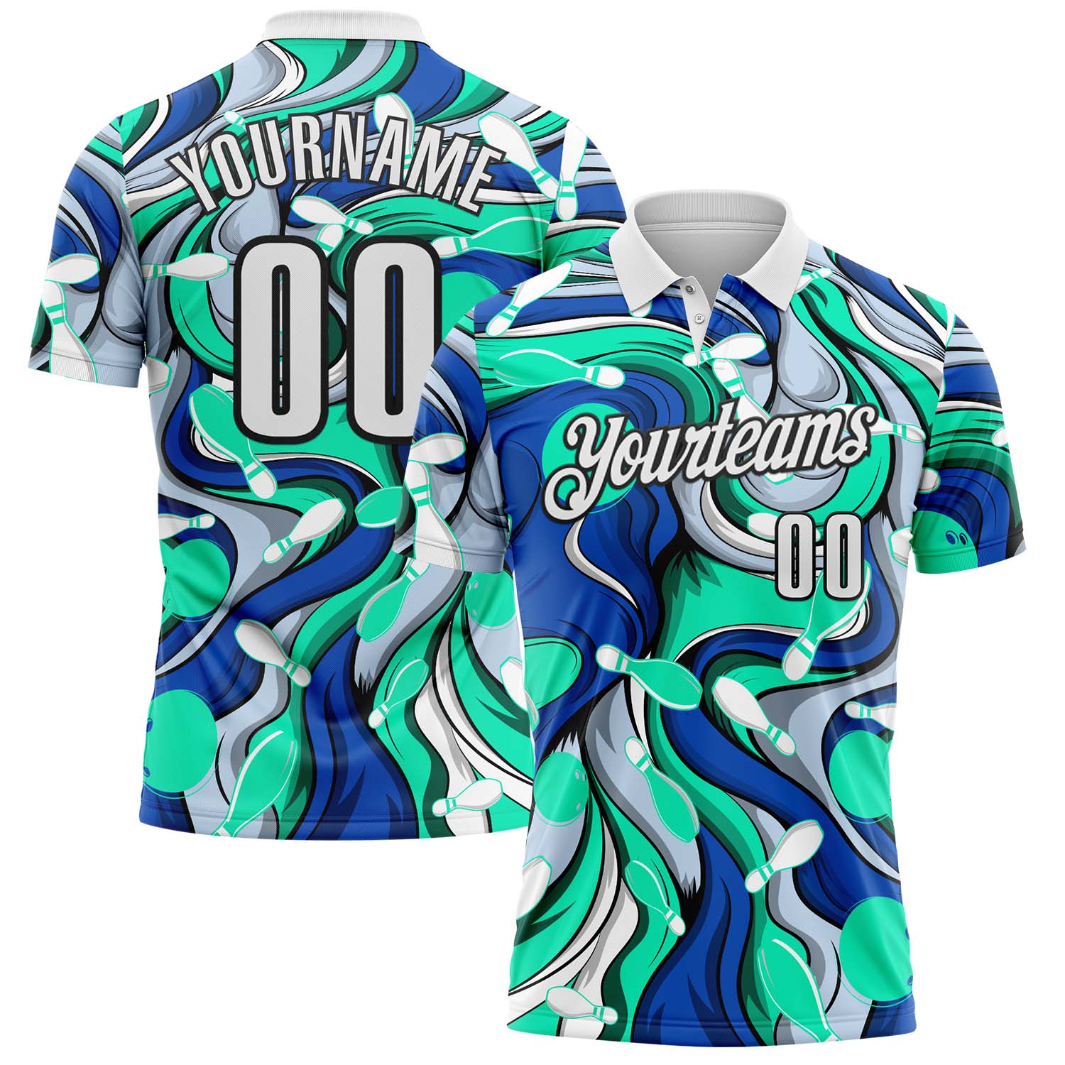 FansIdea Custom Blue White Green-Black Bowling Fluid Liquid Performance Polo Shirt - $19.99 at Proof Eyewear