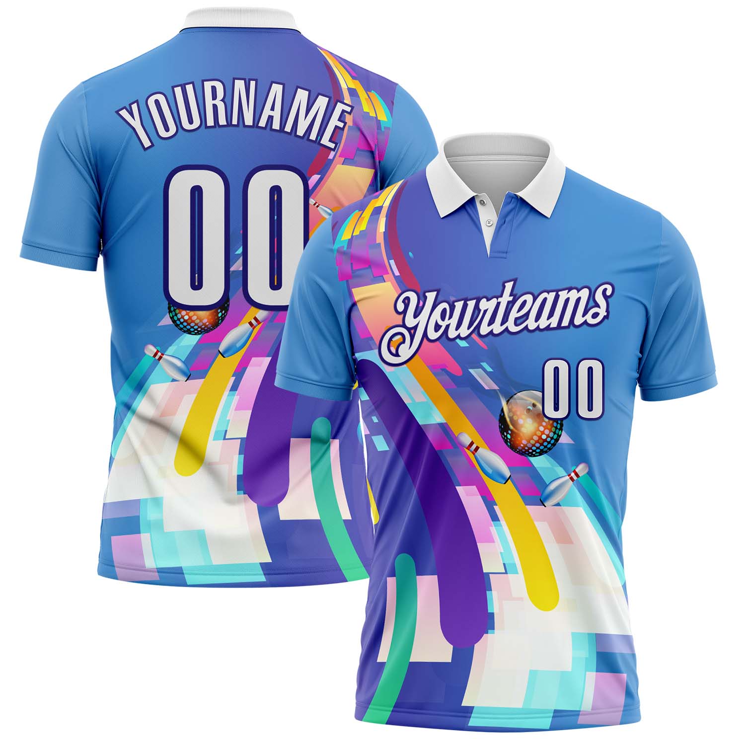 FansIdea Custom Blue White-Dark Purple Bowling Disco Neon Geometric Performance Polo Shirt - $19.99 at Proof Eyewear