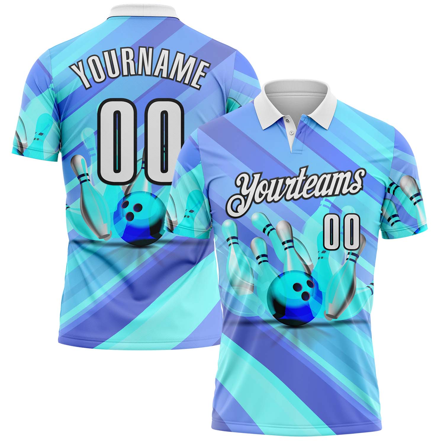 FansIdea Custom Blue White Aqua-Black Bowling Strike Stripe Performance Polo Shirt - $19.99 at Proof Eyewear
