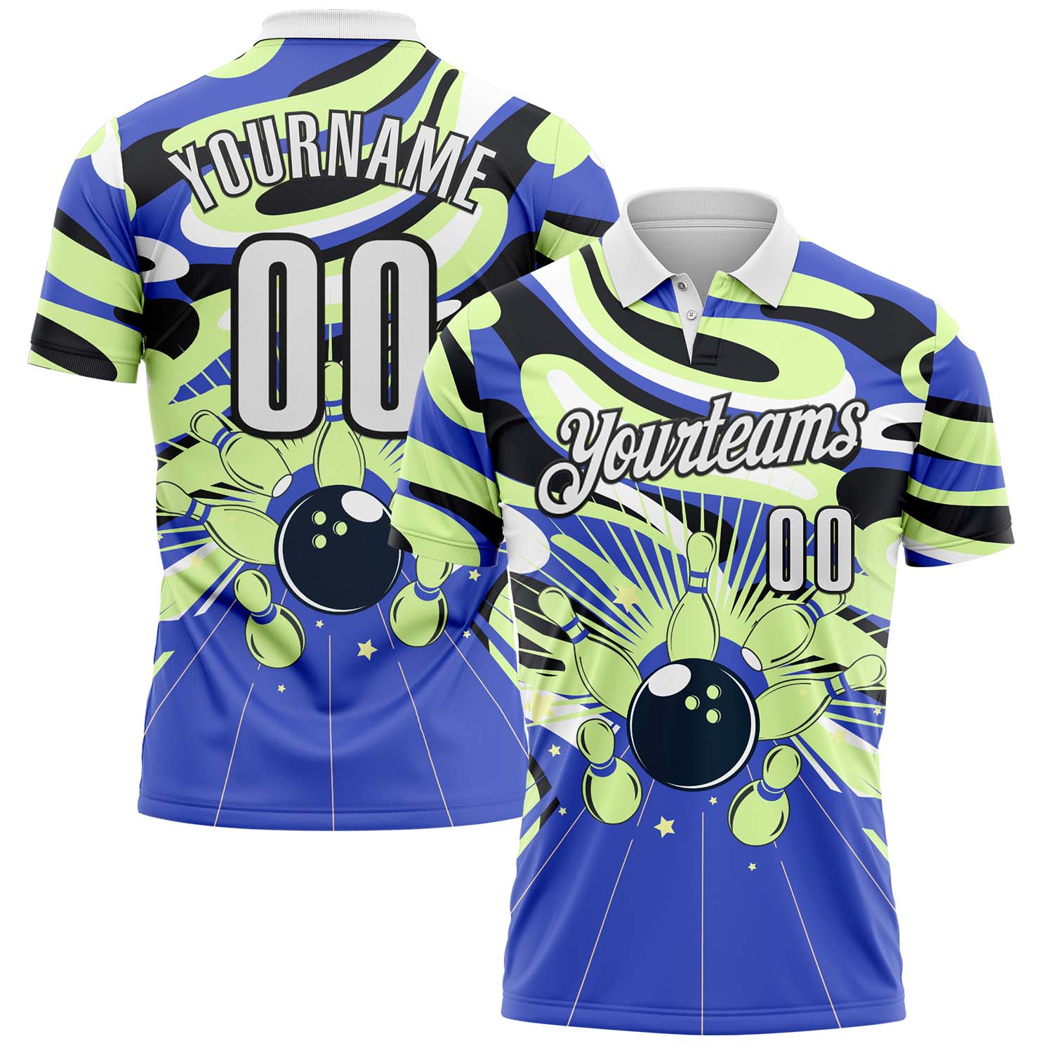 FansIdea Custom Blue White Pea Green-Black Bowling Strike Fluid Liquid Performance Polo Shirt - $19.99 at Proof Eyewear