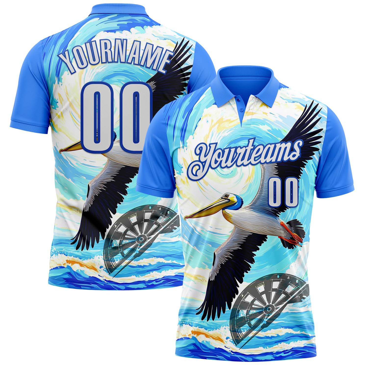 FansIdea Custom Blue White-Thunder Blue Darts Tropical Pelican Dartboard Performance Polo Shirt - $19.99 at Proof Eyewear