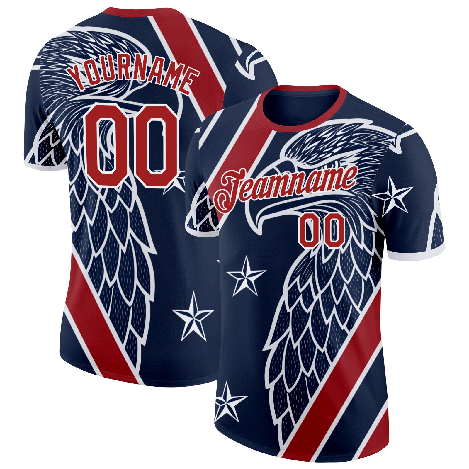 FansIdea Custom Blue Red-White USA Flag Eagle And Star Soccer Jersey Performance T-Shirt - $14.99 at Proof Eyewear