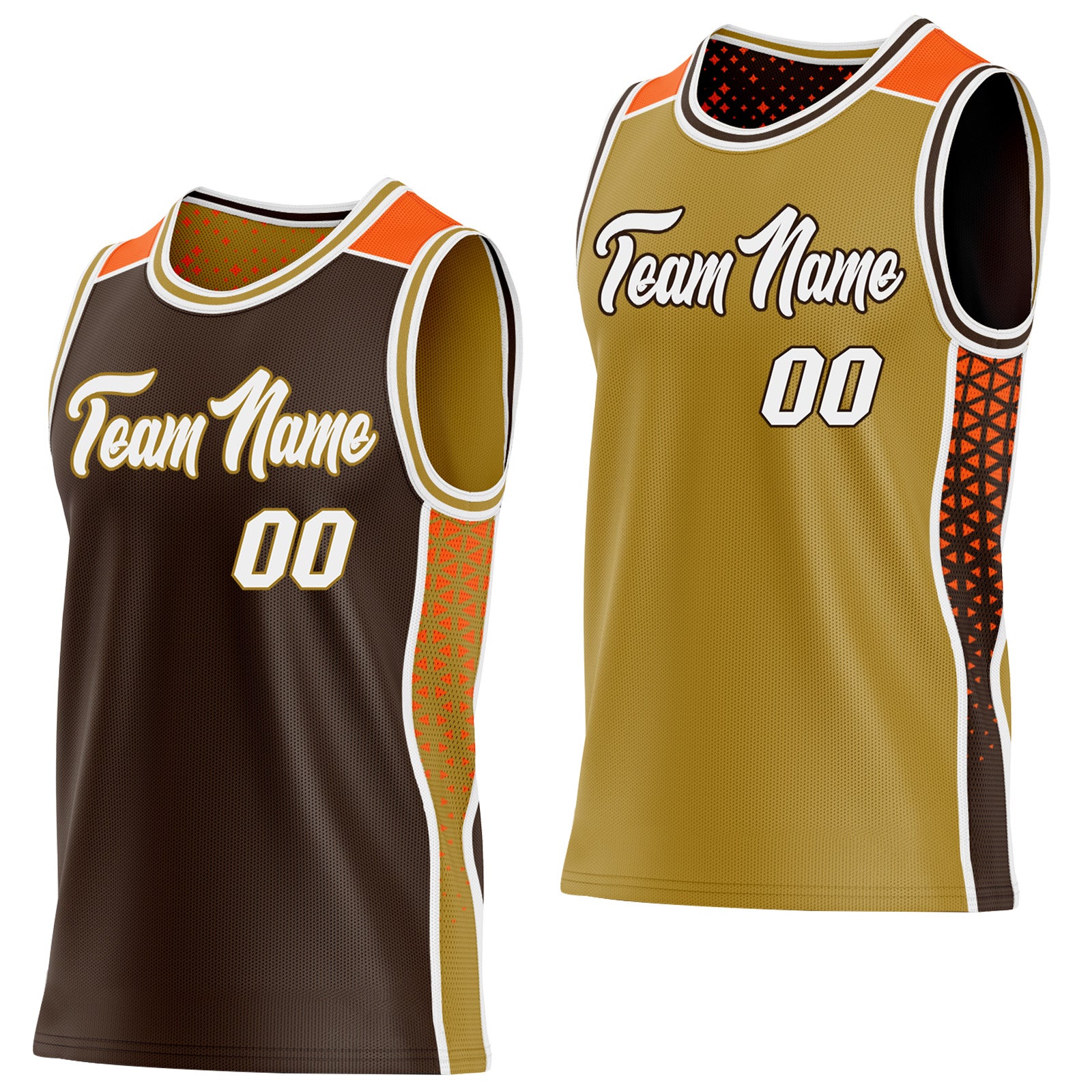 FansIdea Custom Brown White Old Gold-Orange Side Panel Stripe Geometric Triangle Gradient Dot Reversible Double Side Sublimation Basketball Set Jersey - $17.99 at Proof Eyewear