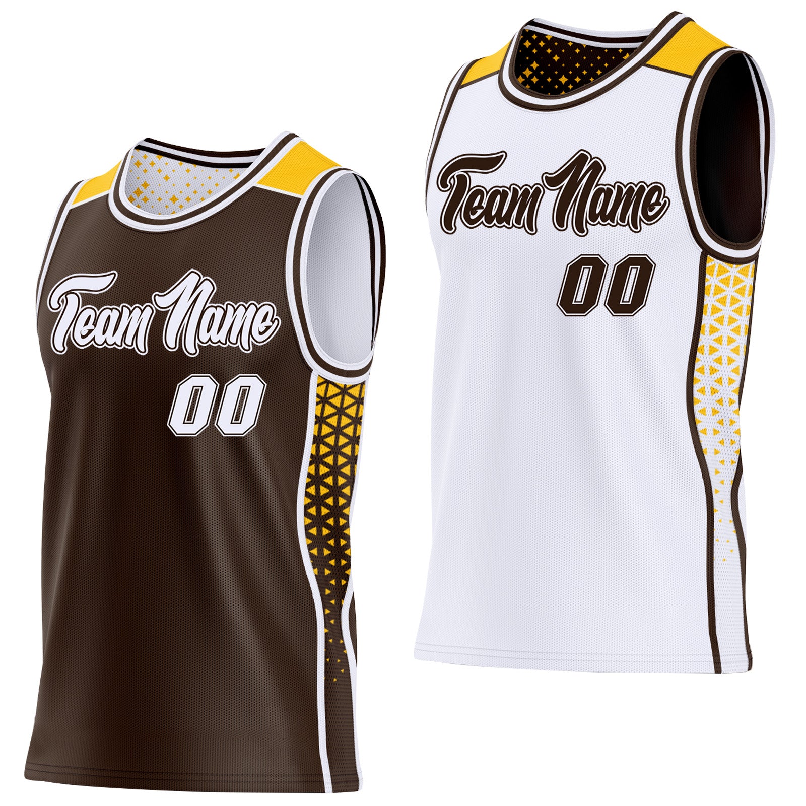 FansIdea Custom Brown White-Gold Side Panel Stripe Geometric Triangle Gradient Dot Reversible Double Side Sublimation Basketball Set Jersey - $17.99 at Proof Eyewear