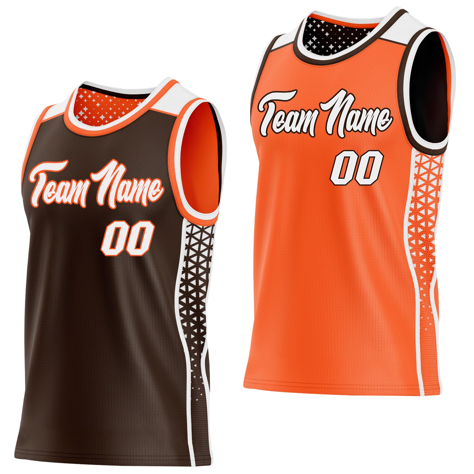 FansIdea Custom Brown White-Orange Side Panel Stripe Geometric Triangle Gradient Dot Reversible Double Side Sublimation Basketball Set Jersey - $17.99 at Proof Eyewear