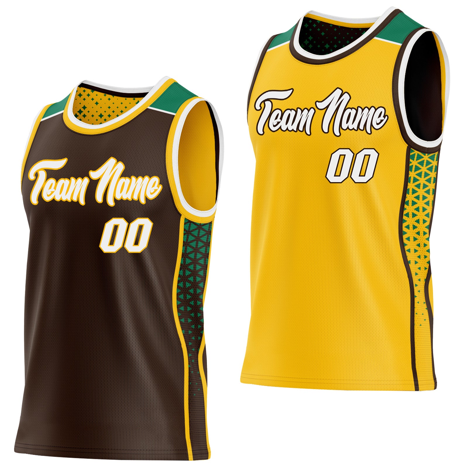 FansIdea Custom Brown White Gold-Kelly Green Side Panel Stripe Geometric Triangle Gradient Dot Reversible Double Side Sublimation Basketball Set Jersey - $17.99 at Proof Eyewear