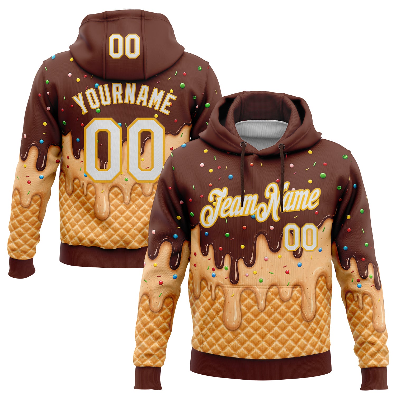 FansIdea Custom Stitched Brown White-Gold Ice Cream Waffle Foodie Dessert Pullover Sweatshirt Hoodie - $32.99 at Proof Eyewear